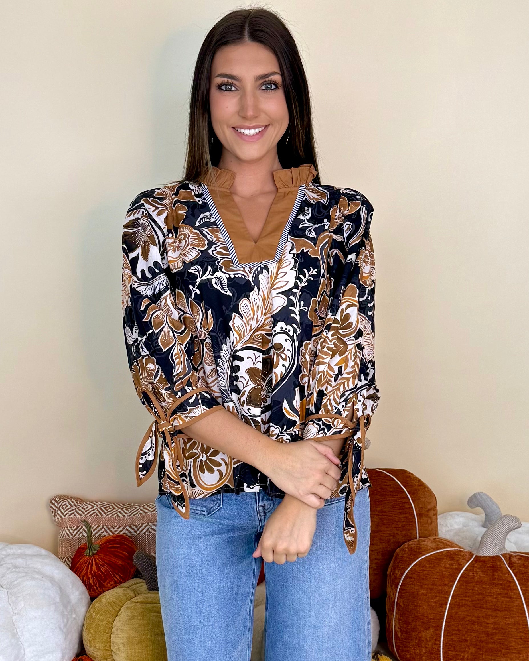 After Hours Black Camel Floral Ruffle Tie Top-Shop-Womens-Boutique-Clothing