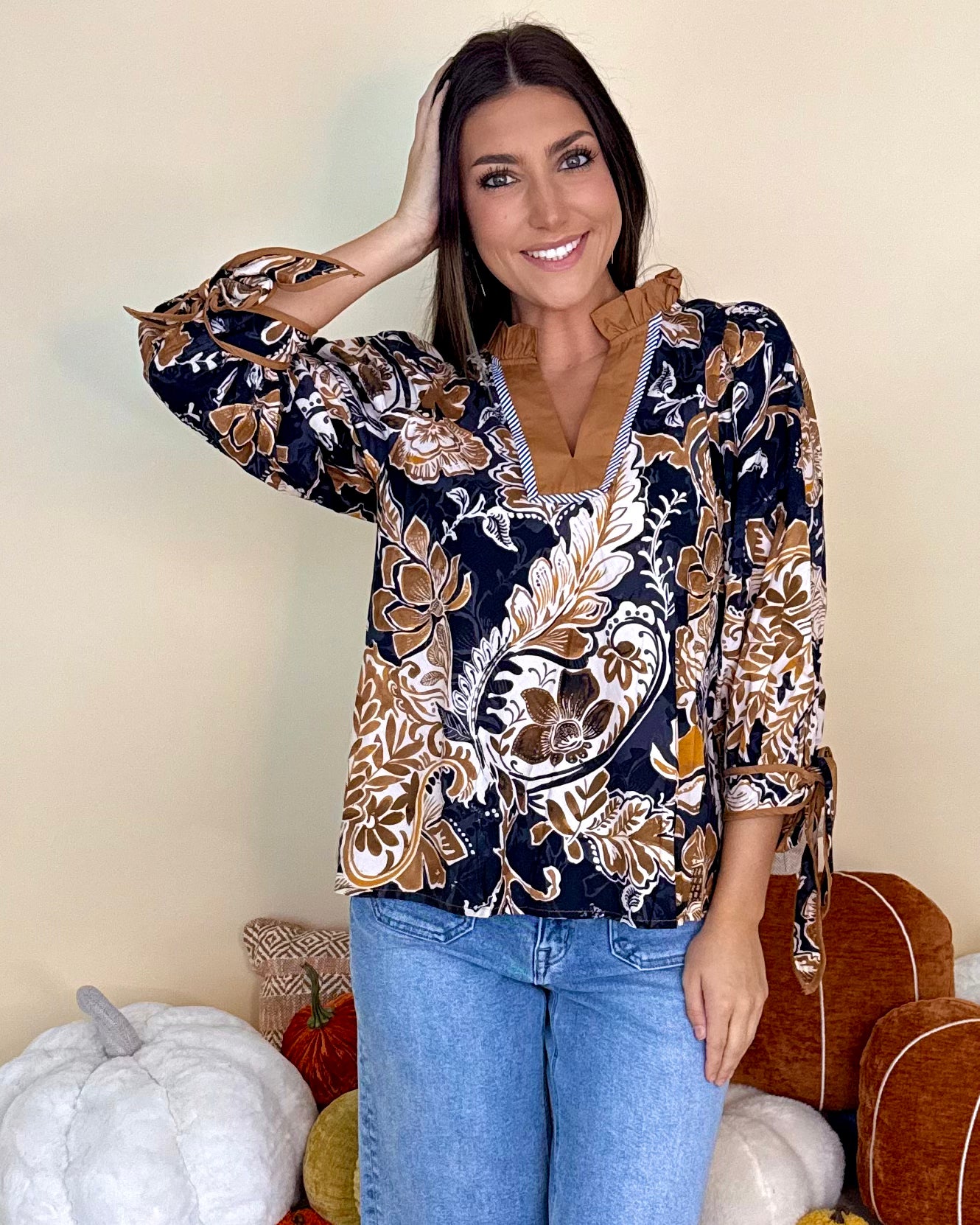 After Hours Black Camel Floral Ruffle Tie Top-Shop-Womens-Boutique-Clothing