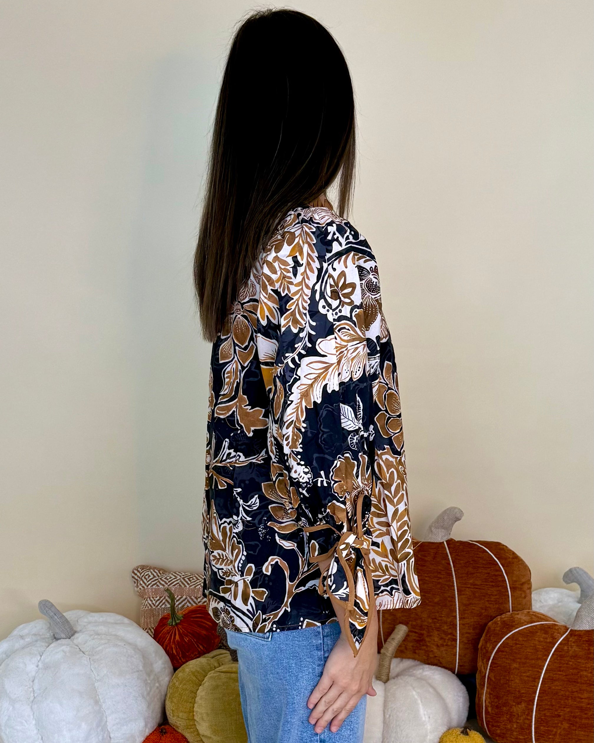 After Hours Black Camel Floral Ruffle Tie Top-Shop-Womens-Boutique-Clothing