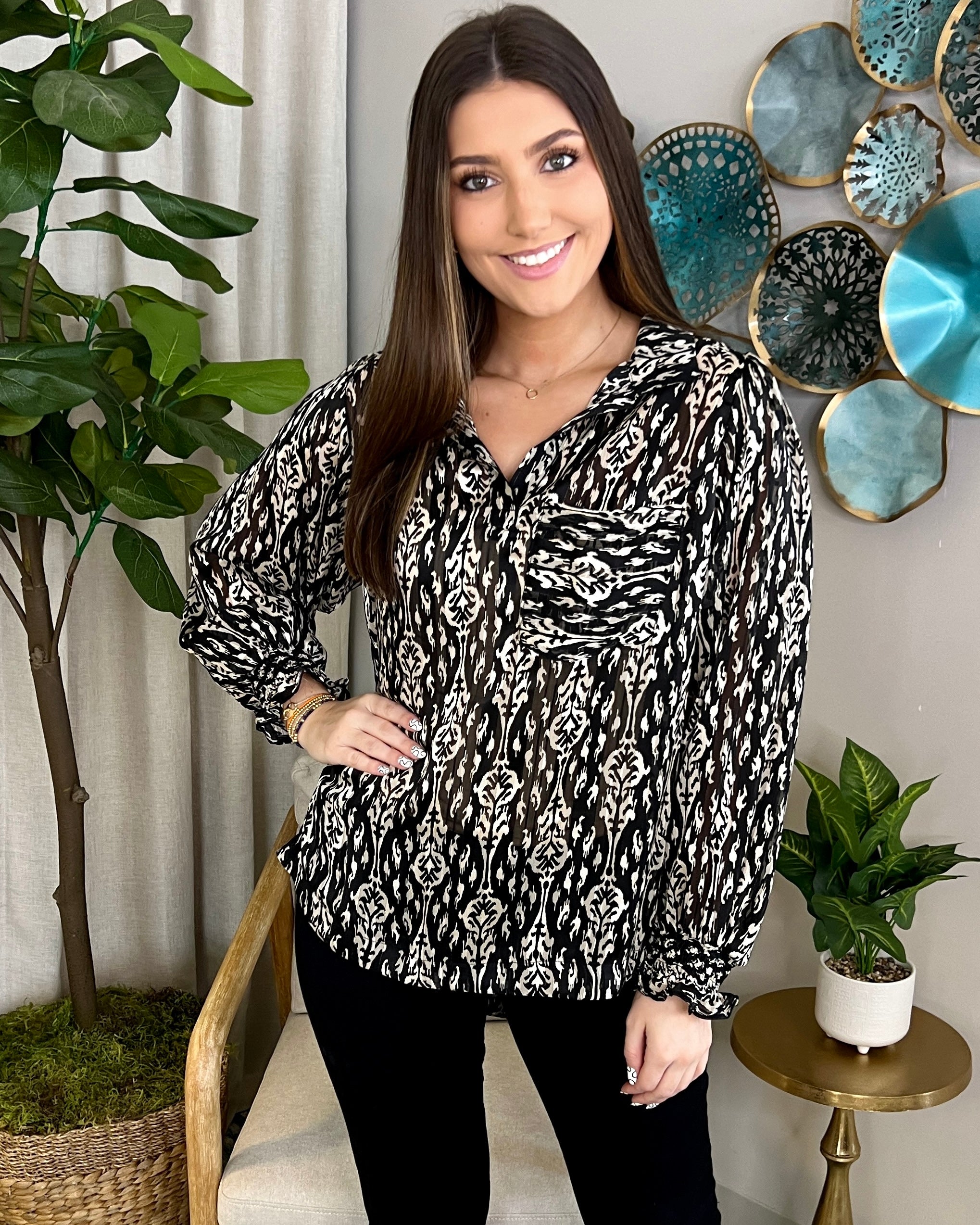 Secret Keeper Black Printed Collared Top-Shop-Womens-Boutique-Clothing