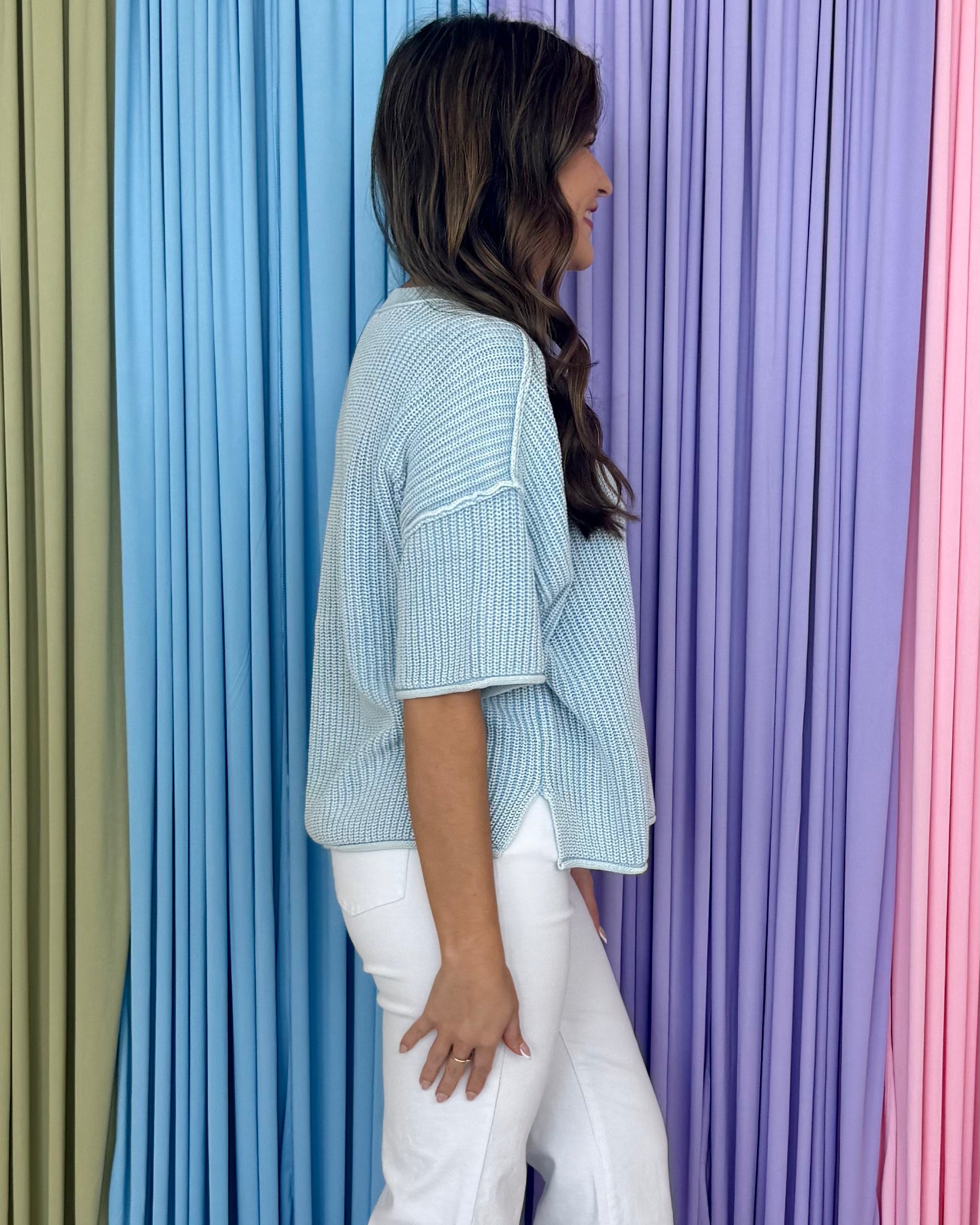 Essential Need Light Blue Washed Raw Edge Sweater-Shop-Womens-Boutique-Clothing