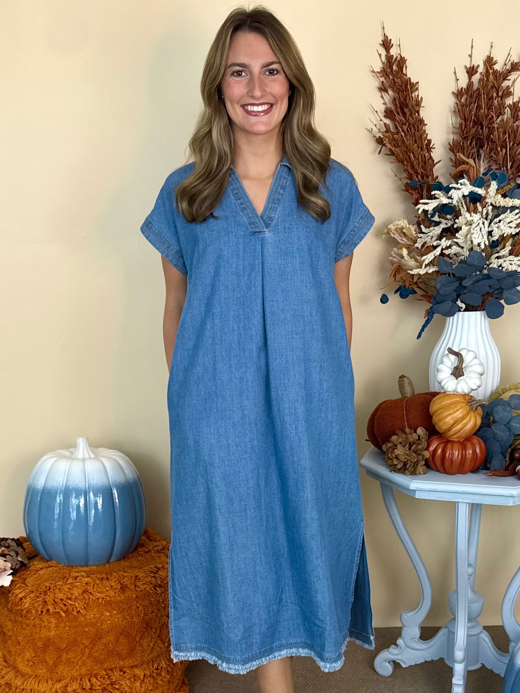 Fall for You Lt. Denim Washed Collared Midi Dress-Shop-Womens-Boutique-Clothing