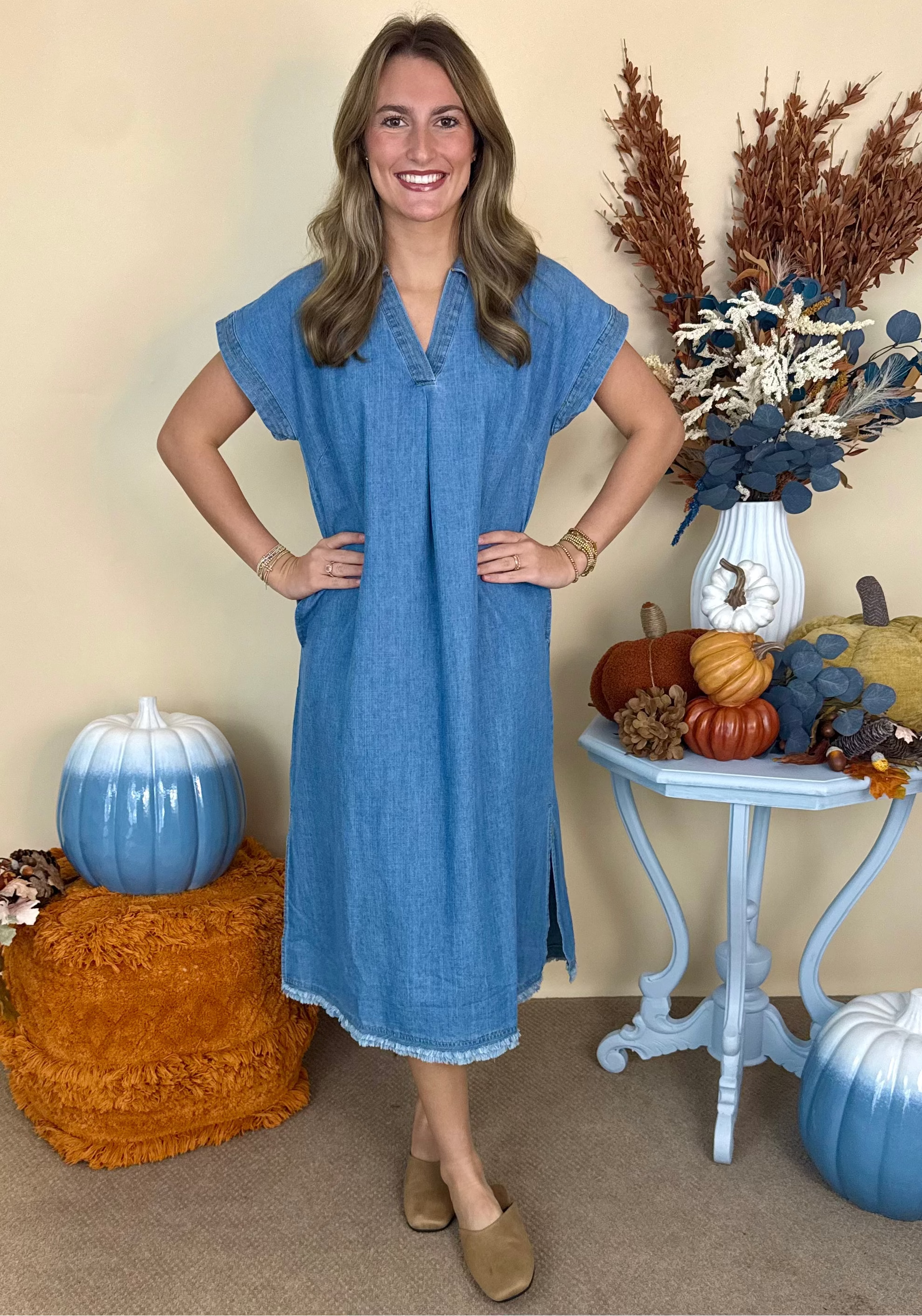 Fall for You Lt. Denim Washed Collared Midi Dress-Shop-Womens-Boutique-Clothing