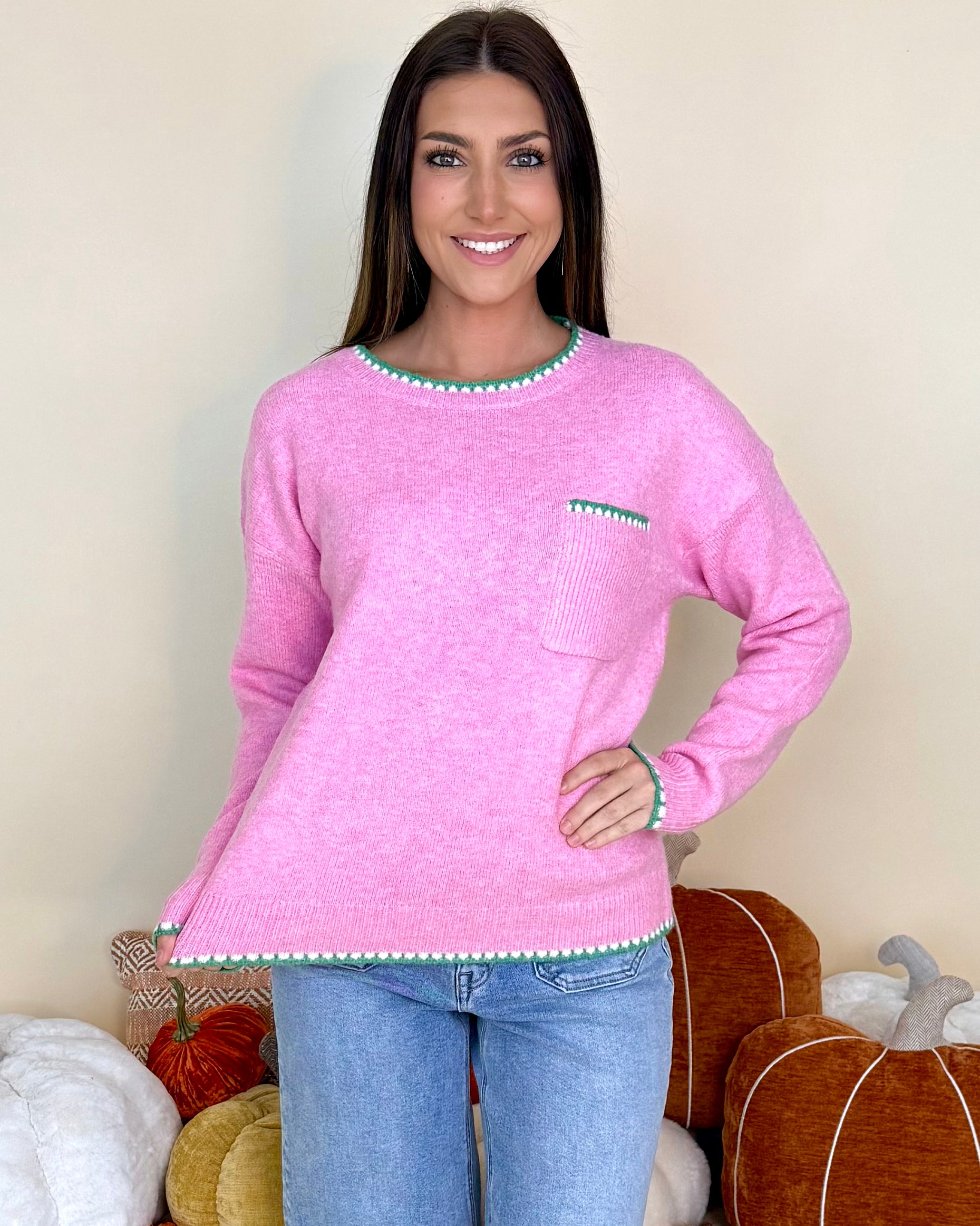 Another Day Pink Blanket Stitch Pocket Sweater-Shop-Womens-Boutique-Clothing