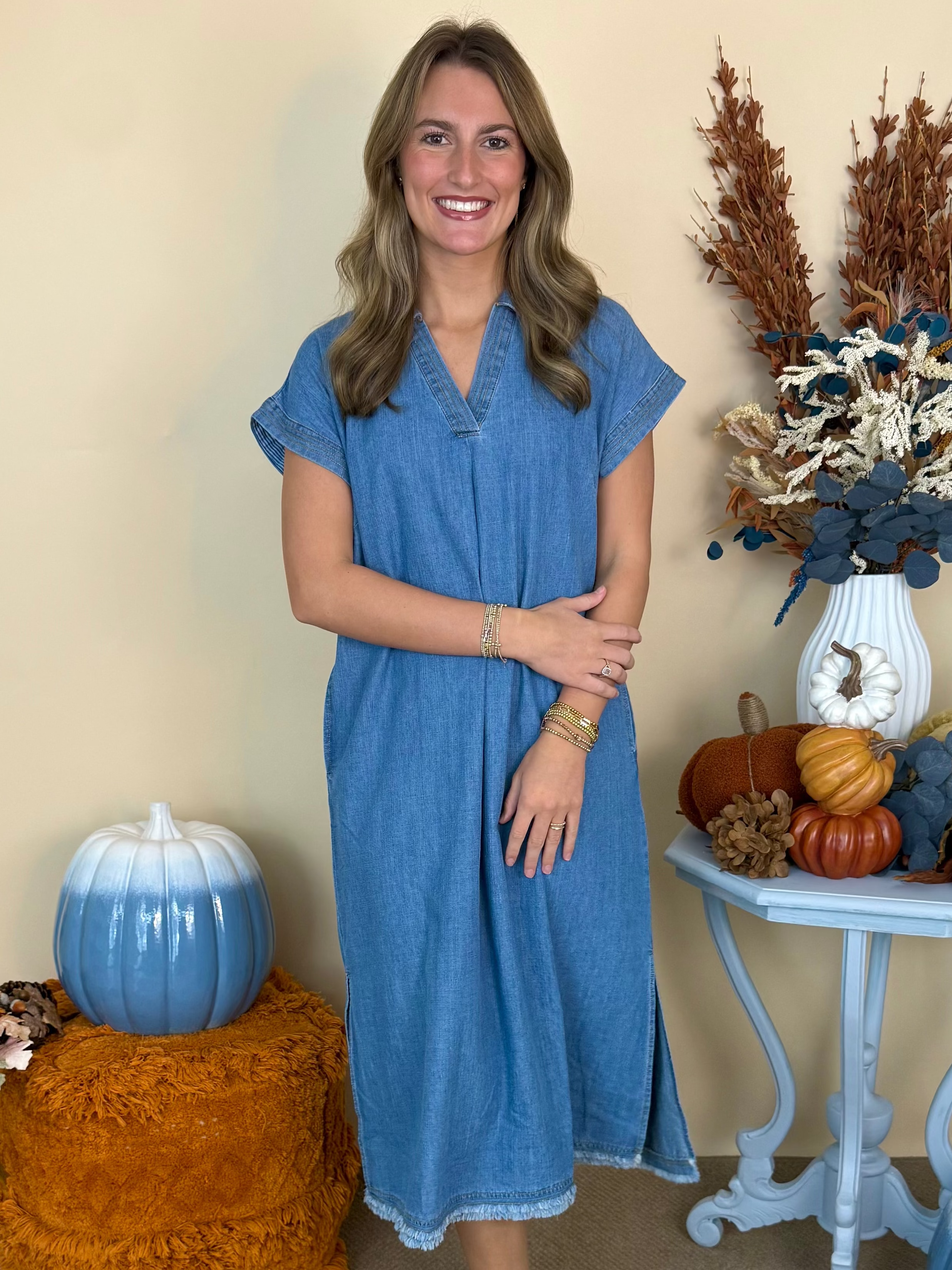 Fall for You Lt. Denim Washed Collared Midi Dress-Shop-Womens-Boutique-Clothing