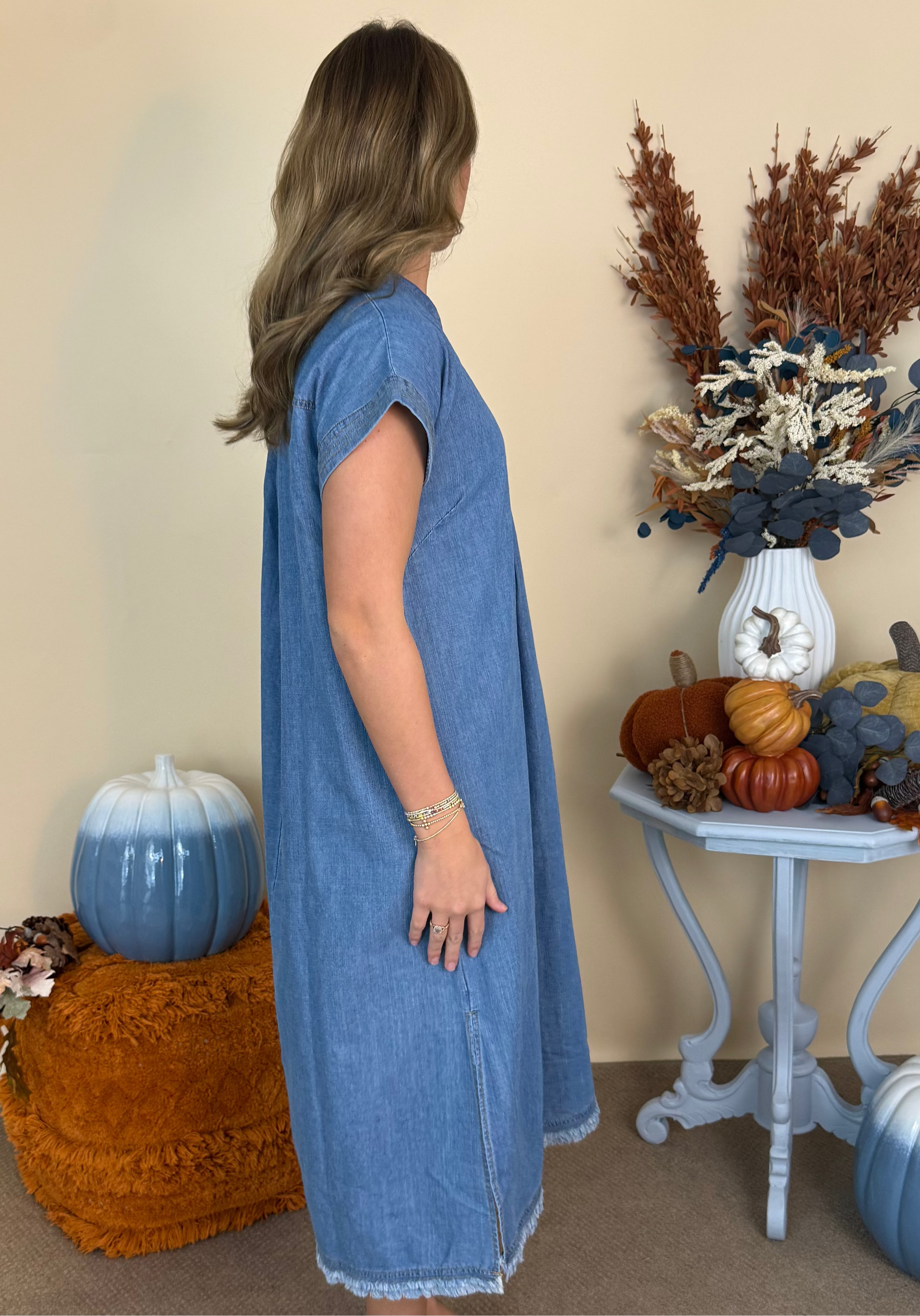 Fall for You Lt. Denim Washed Collared Midi Dress-Shop-Womens-Boutique-Clothing