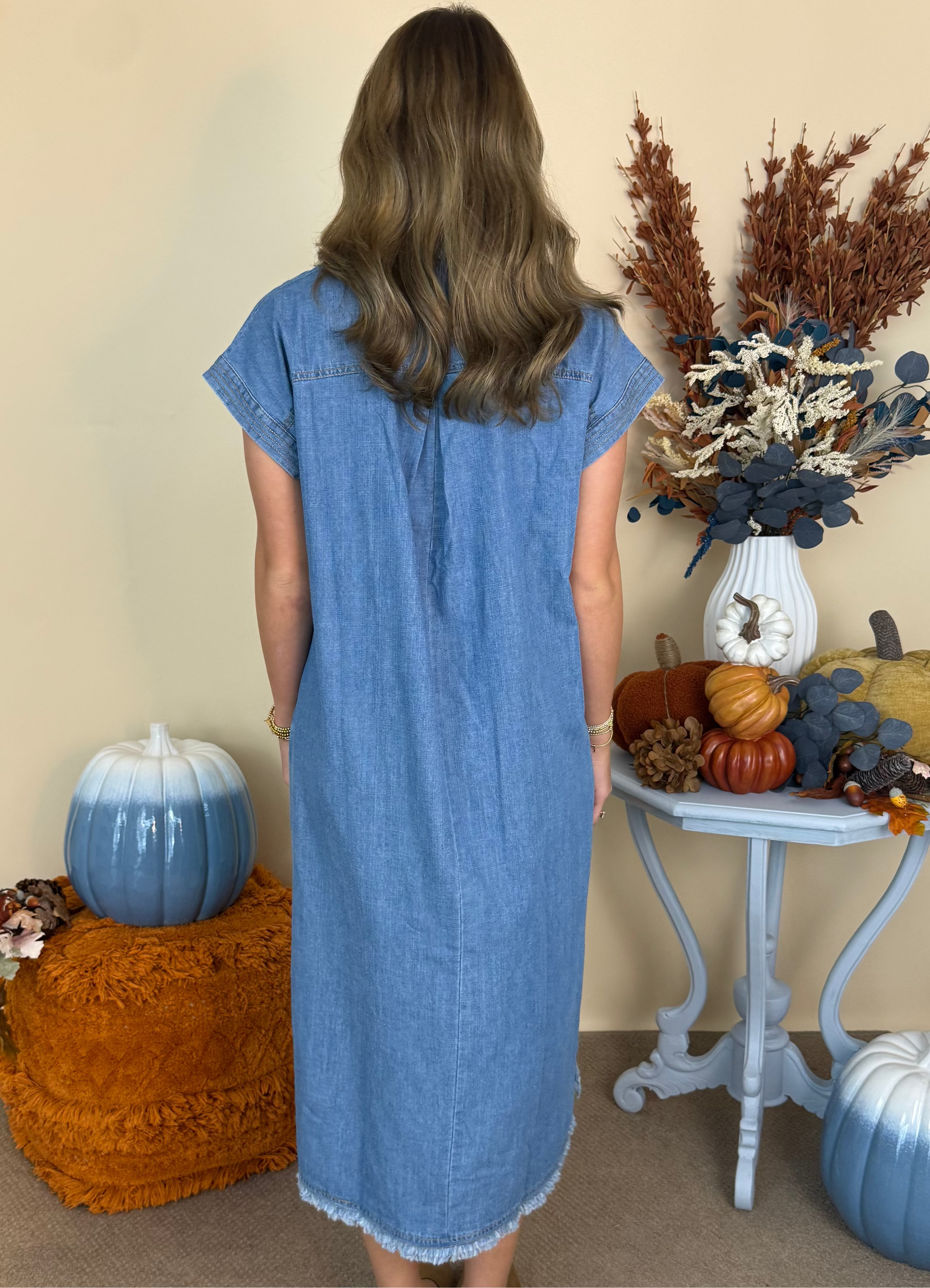 Fall for You Lt. Denim Washed Collared Midi Dress-Shop-Womens-Boutique-Clothing