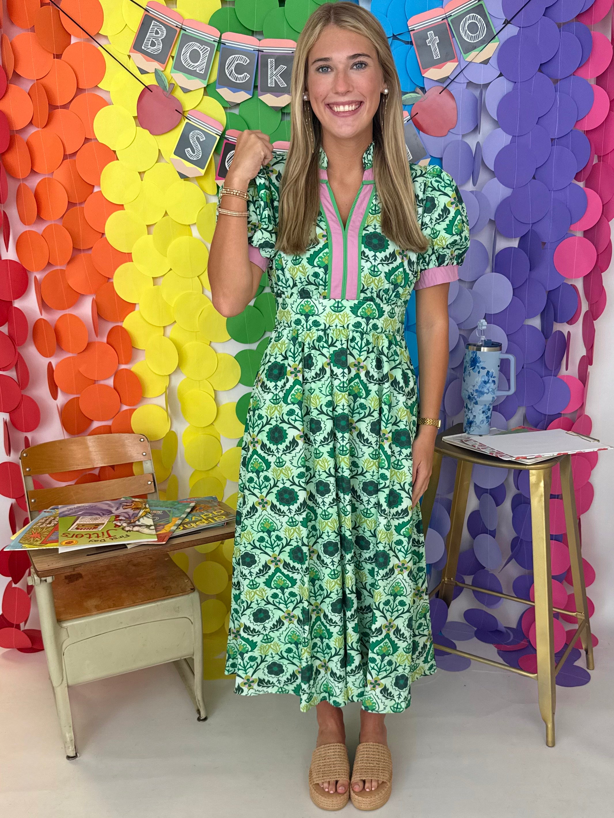 Simply Happy Green Boho Floral V-Neck Midi Dress-Shop-Womens-Boutique-Clothing