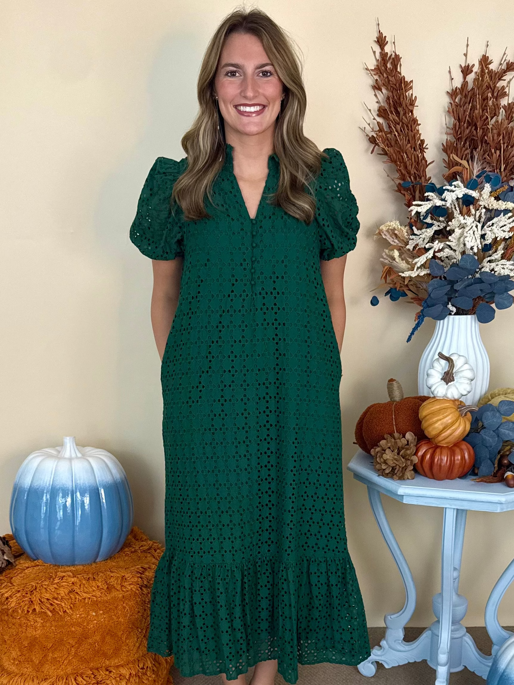 Everyday Muse H Green Eyelet Puff Sleeve Midi Dress-Shop-Womens-Boutique-Clothing