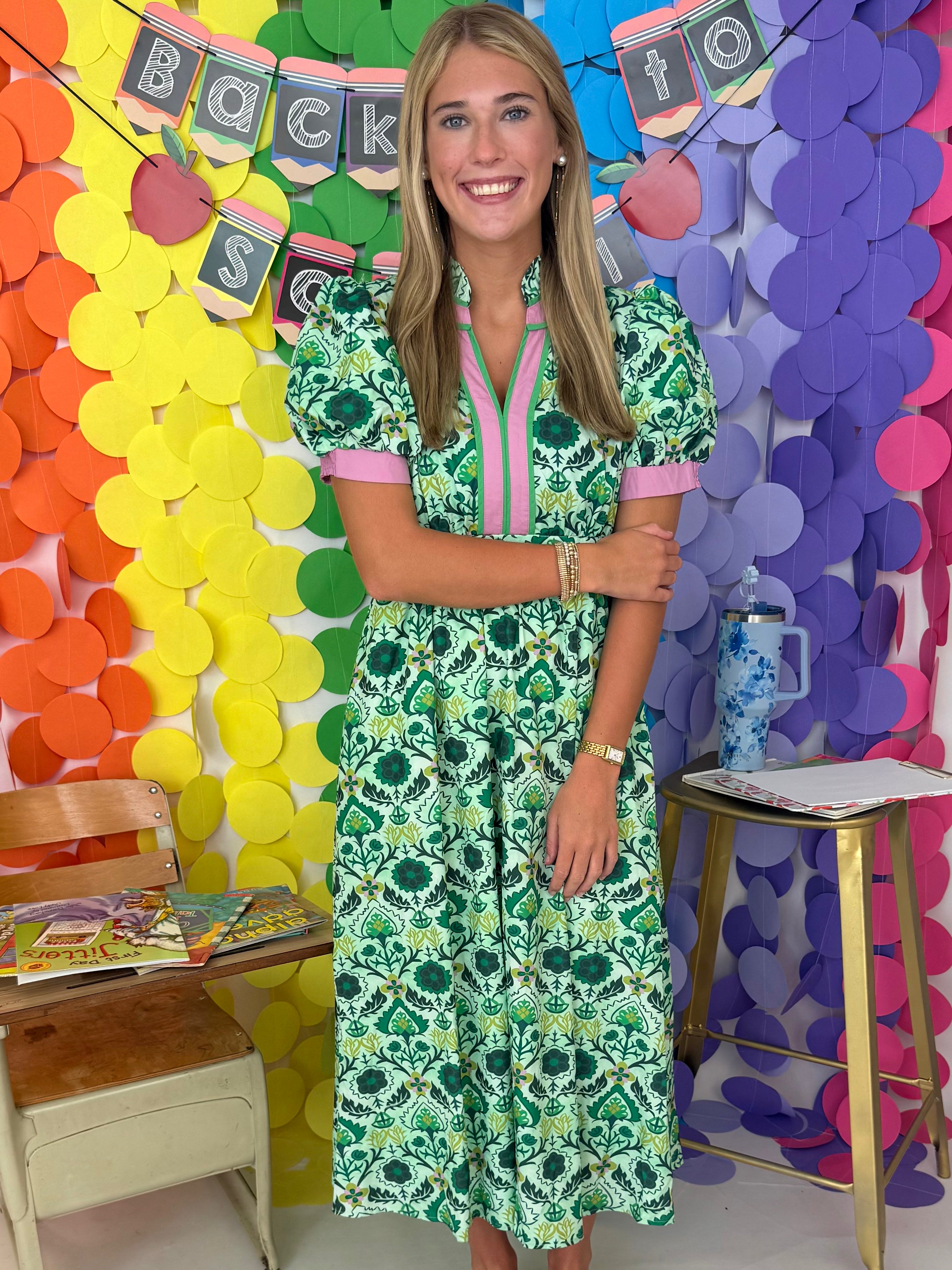 Simply Happy Green Boho Floral V-Neck Midi Dress-Shop-Womens-Boutique-Clothing