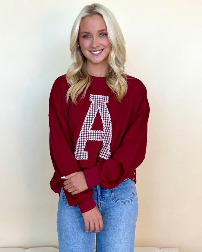 Gameday Red Gingham ¨A¨ Sweatshirt-Shop-Womens-Boutique-Clothing