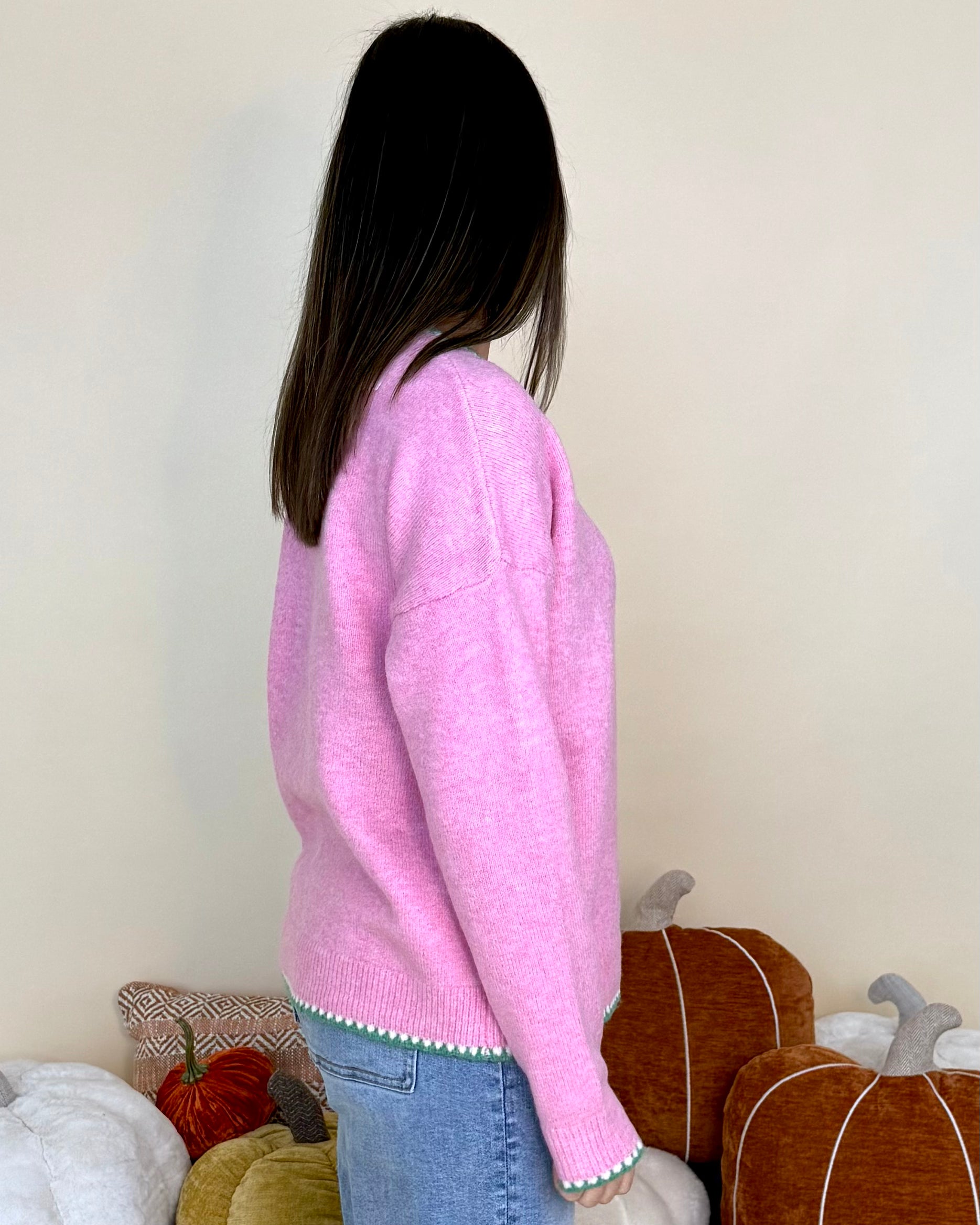 Another Day Pink Blanket Stitch Pocket Sweater-Shop-Womens-Boutique-Clothing