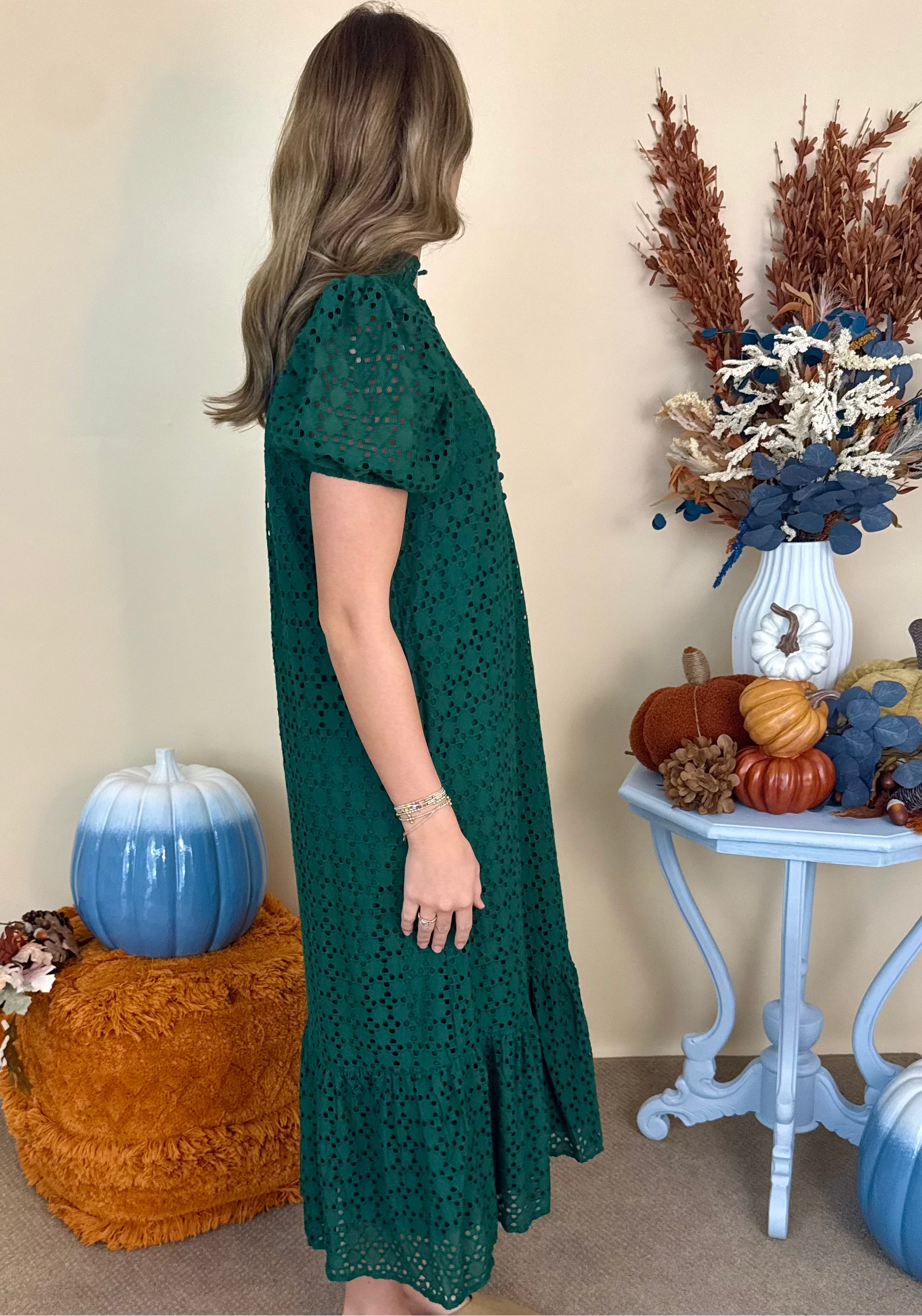 Everyday Muse H Green Eyelet Puff Sleeve Midi Dress-Shop-Womens-Boutique-Clothing