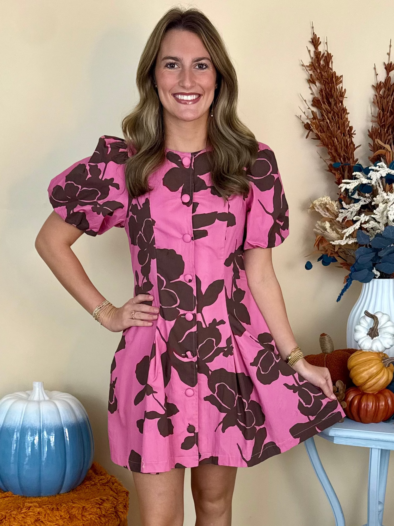 Perfect Petals Pink Brown Floral Pleated Dress-Shop-Womens-Boutique-Clothing