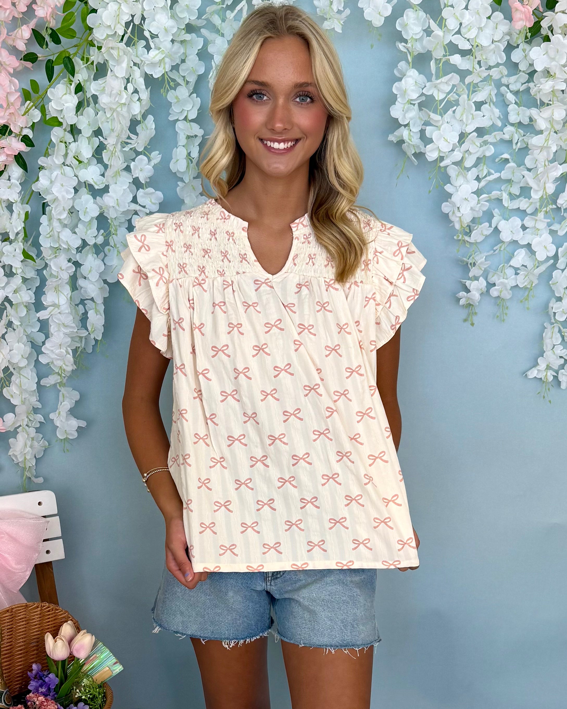 Sweet Melody Pink/Cream Ribbon Smocked Top-Shop-Womens-Boutique-Clothing