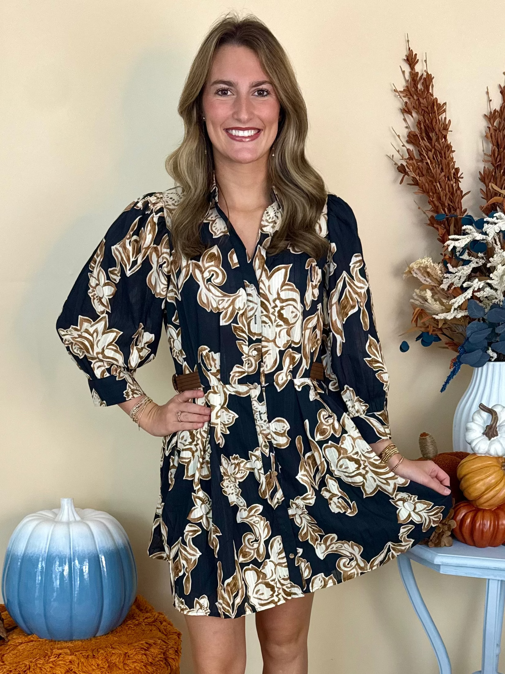 City Nights Black Floral 3/4 Sleeve V-Neck Dress-Shop-Womens-Boutique-Clothing