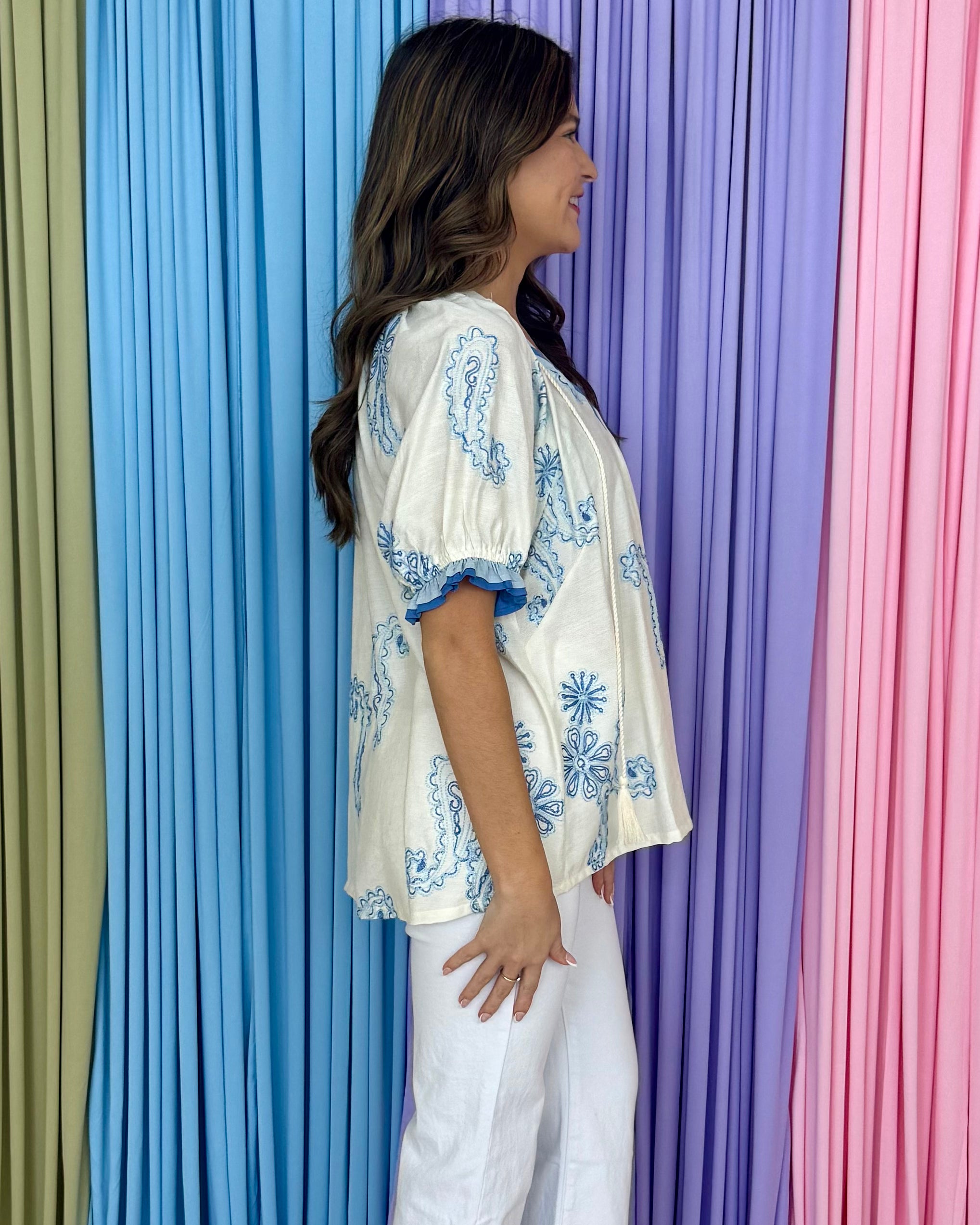 Forever Begins Lt Blue Paisley Embroidered Top-Shop-Womens-Boutique-Clothing