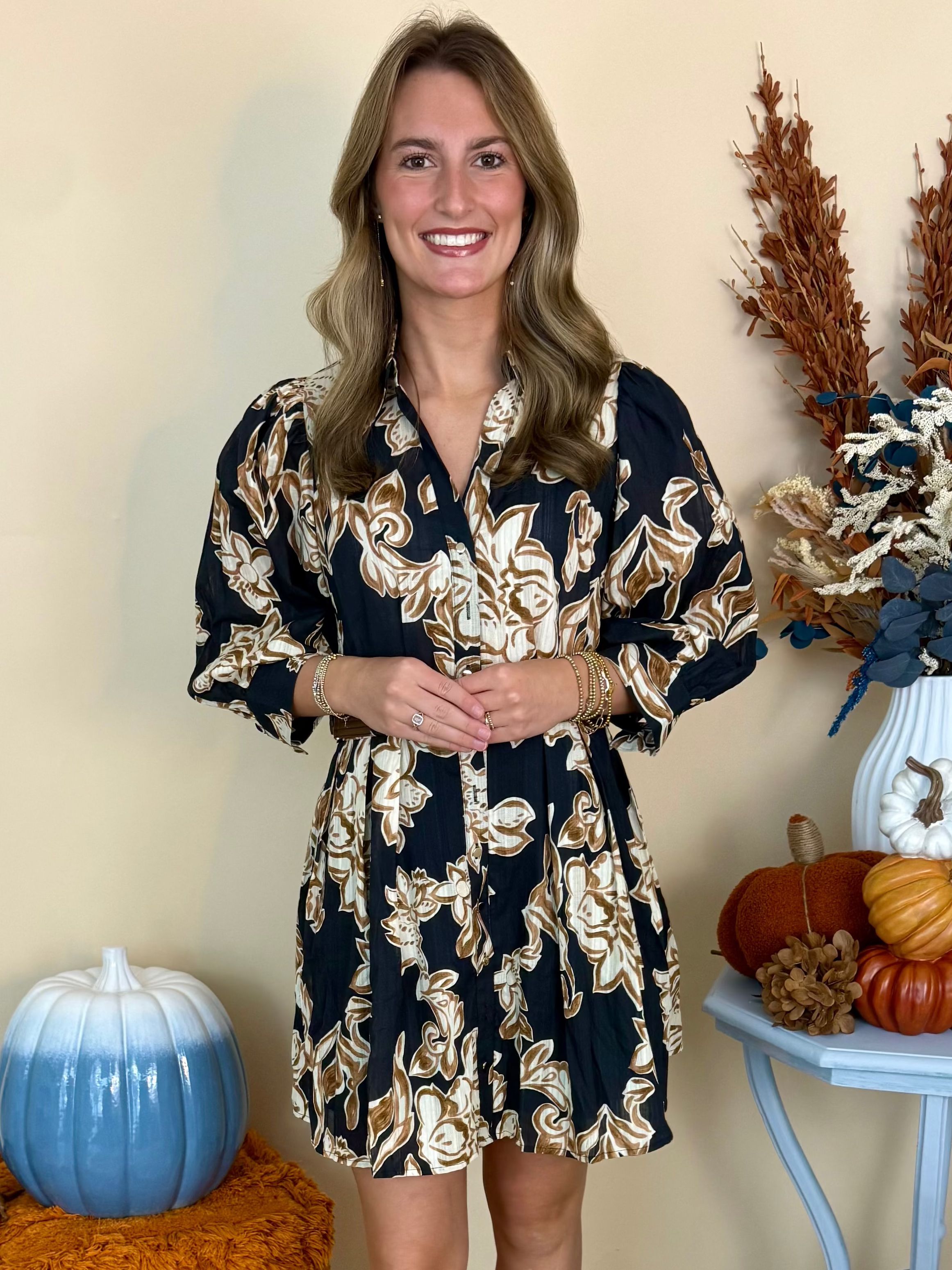 City Nights Black Floral 3/4 Sleeve V-Neck Dress-Shop-Womens-Boutique-Clothing