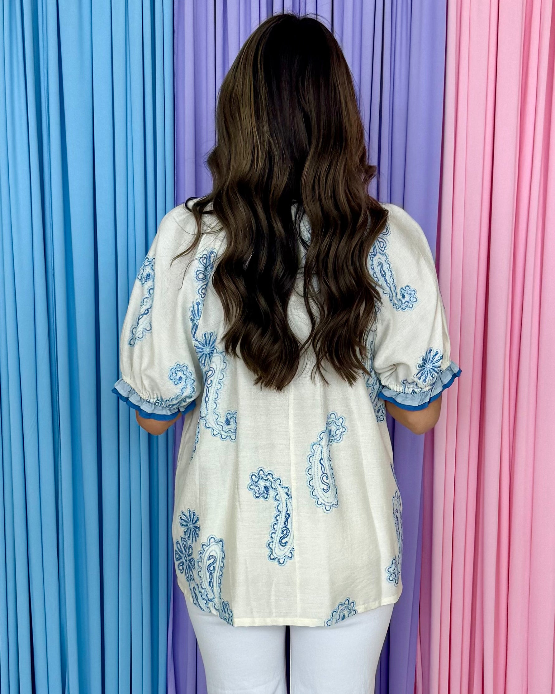 Forever Begins Lt Blue Paisley Embroidered Top-Shop-Womens-Boutique-Clothing