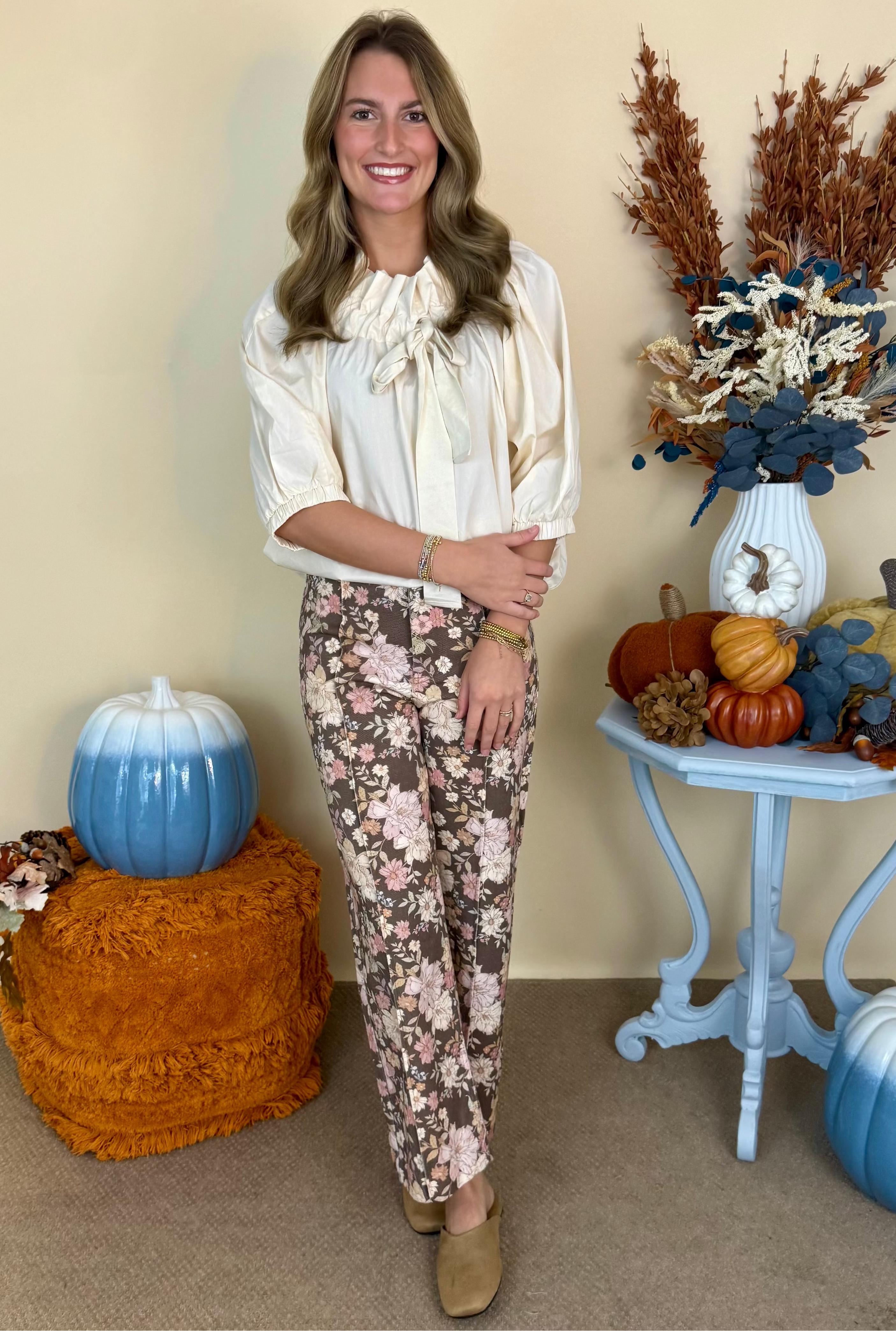 Sweet Moment Brown Denim Floral Front Seam Pants-Shop-Womens-Boutique-Clothing