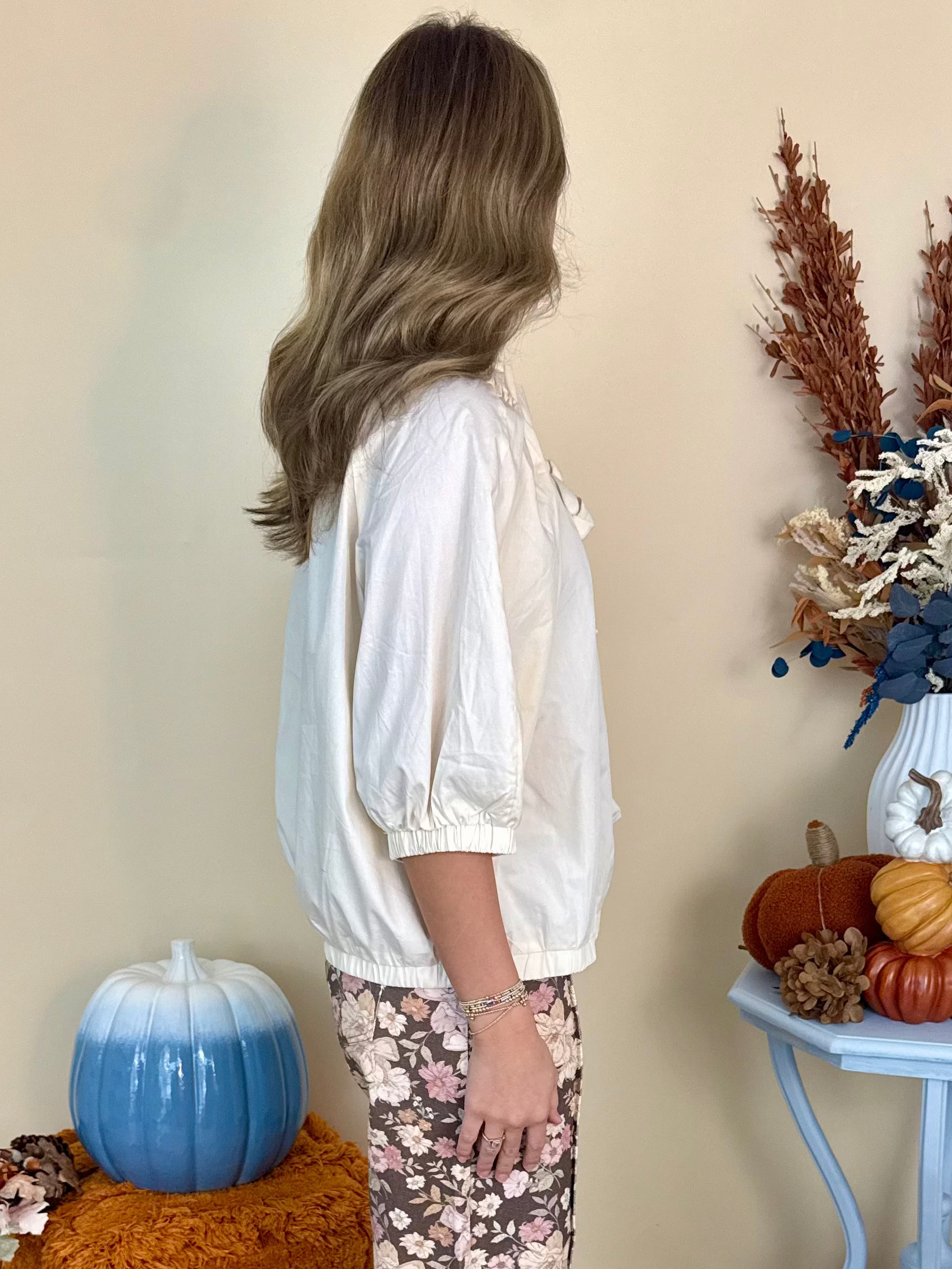 Her Best Era Cream Drawstring Ruffle Bow Neckline Top-Shop-Womens-Boutique-Clothing