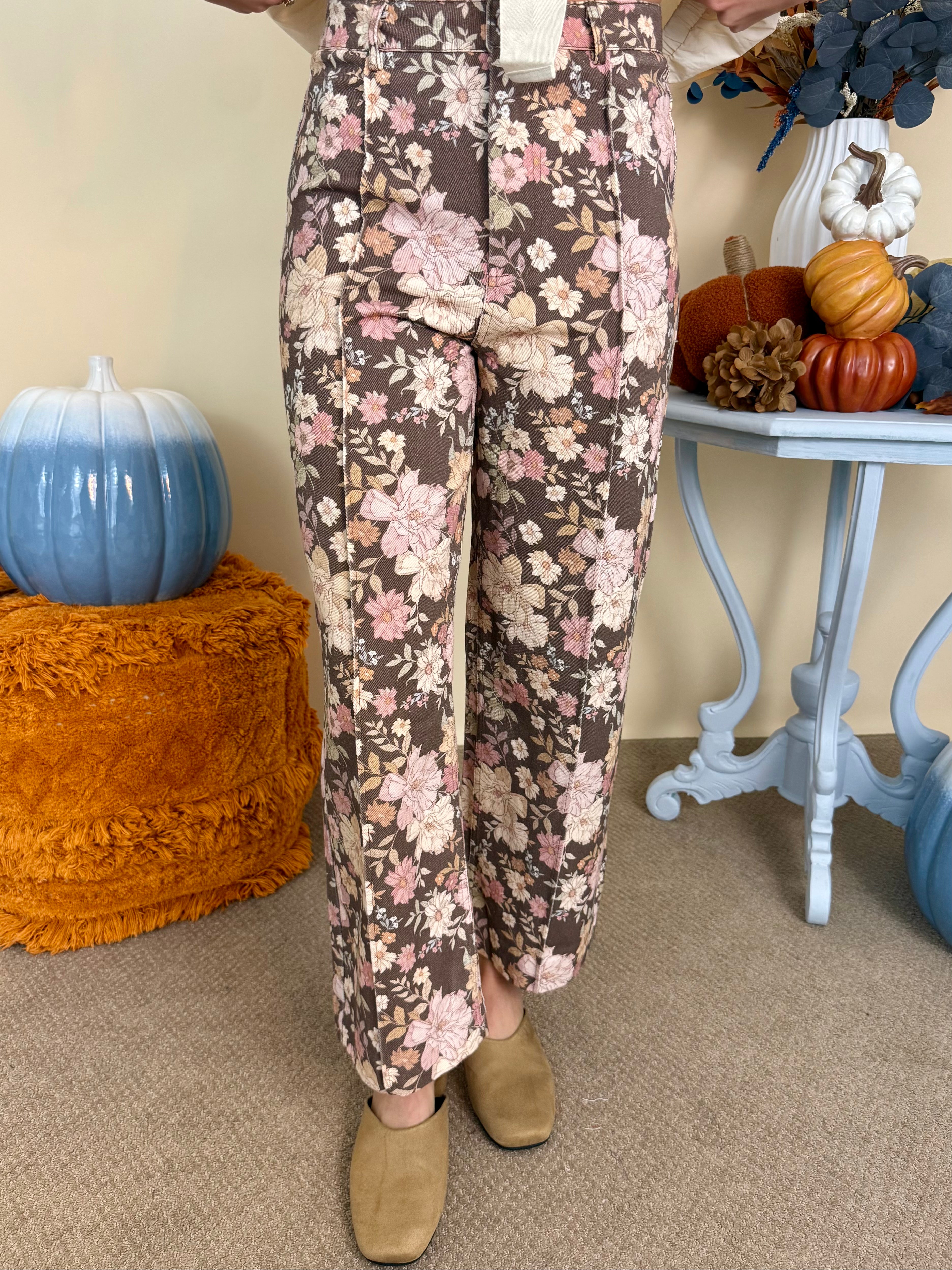 Sweet Moment Brown Denim Floral Front Seam Pants-Shop-Womens-Boutique-Clothing