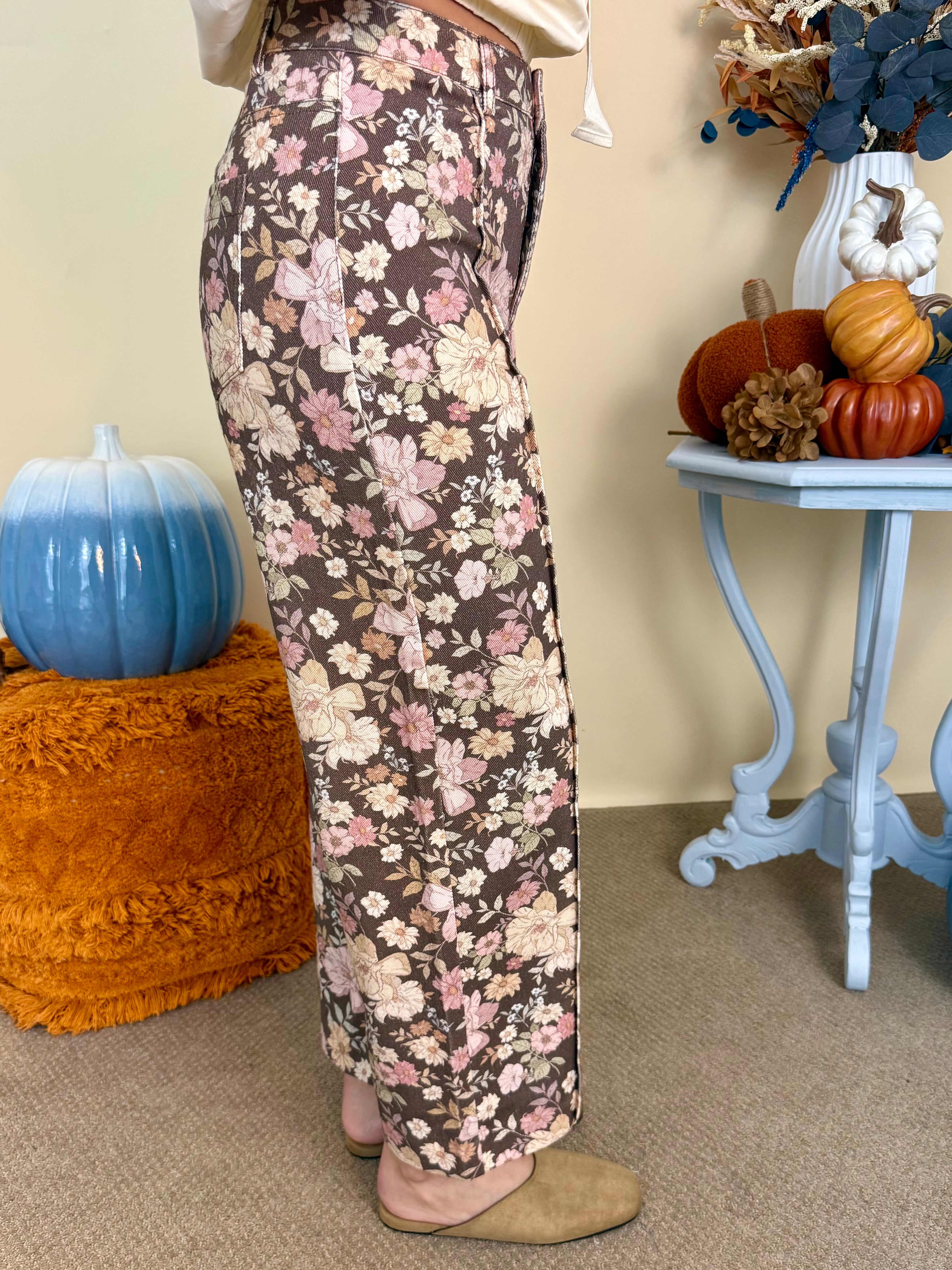 Sweet Moment Brown Denim Floral Front Seam Pants-Shop-Womens-Boutique-Clothing