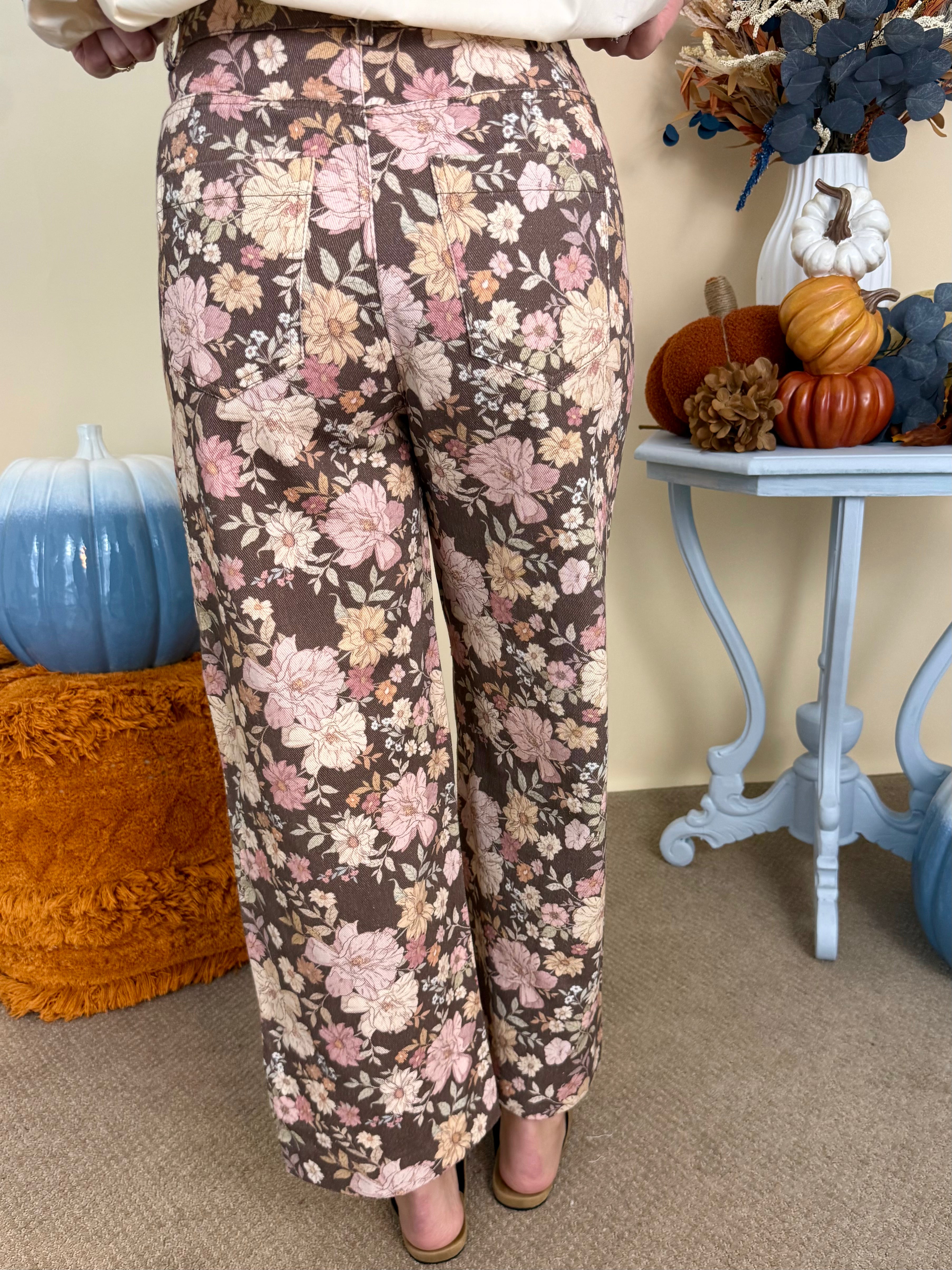 Sweet Moment Brown Denim Floral Front Seam Pants-Shop-Womens-Boutique-Clothing