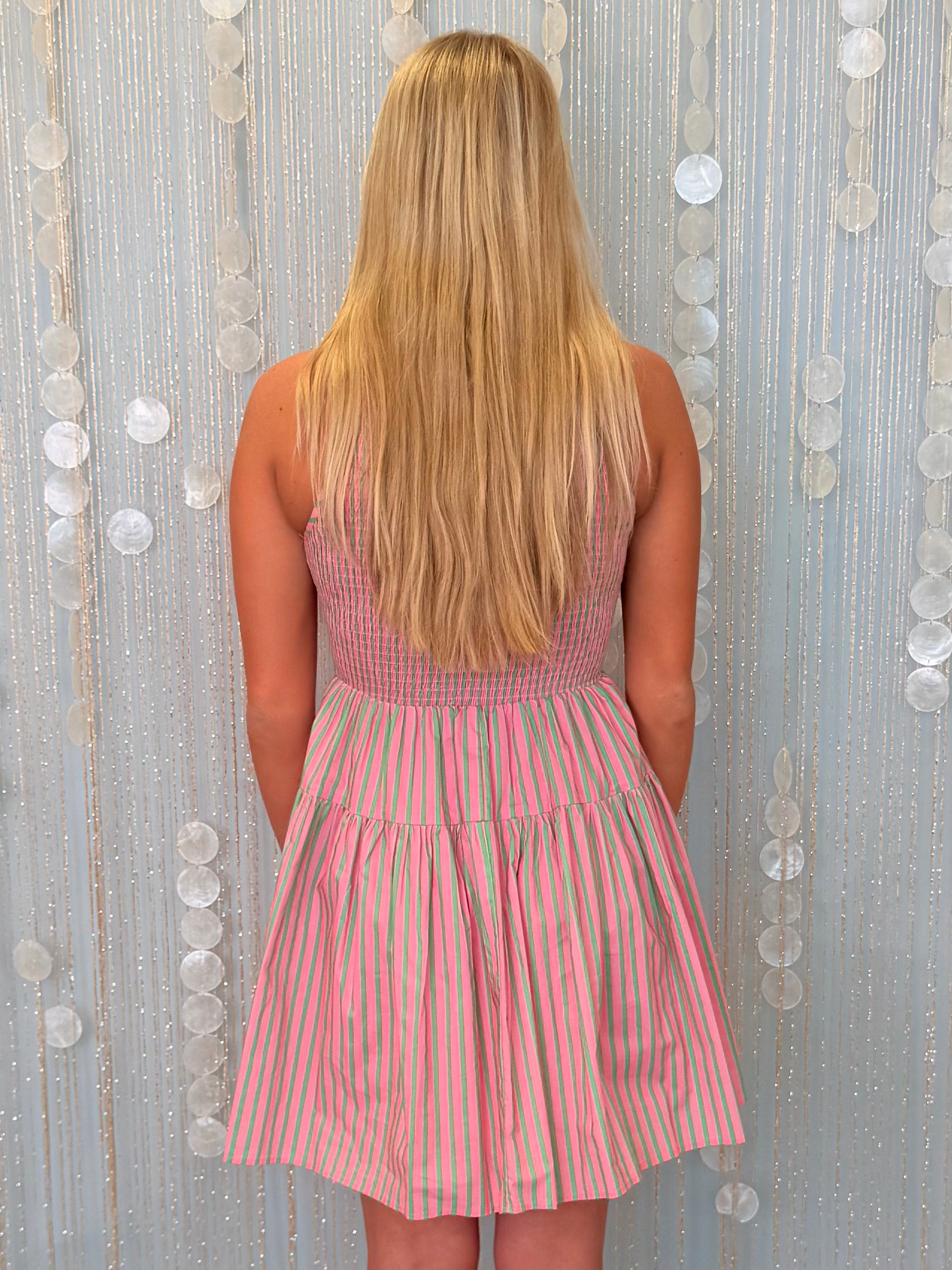 Calm Style Pink Green Striped Smocked Dress-Shop-Womens-Boutique-Clothing