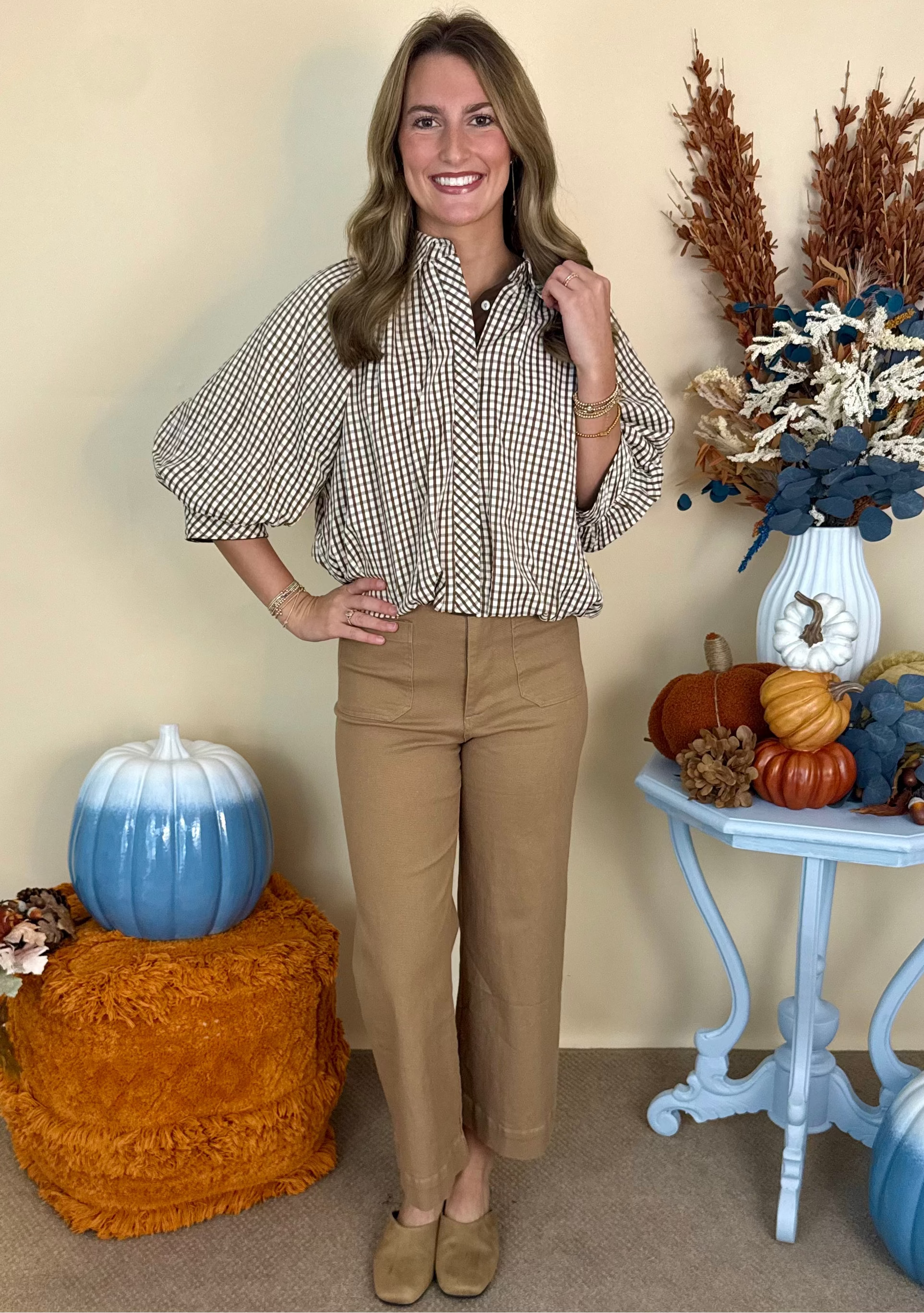 Autumn Escape Brown Gingham Bubble Hem Button Top-Shop-Womens-Boutique-Clothing