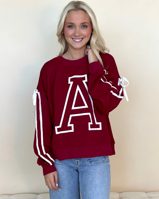Tailgating Dk Red Varsity ¨A¨ Ribbon Sweatshirt-Shop-Womens-Boutique-Clothing