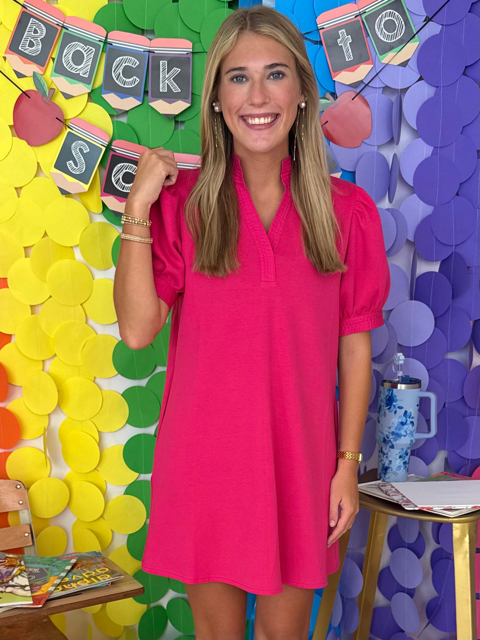 Soft Touch Fuchsia V-Neck Shift Dress-Shop-Womens-Boutique-Clothing