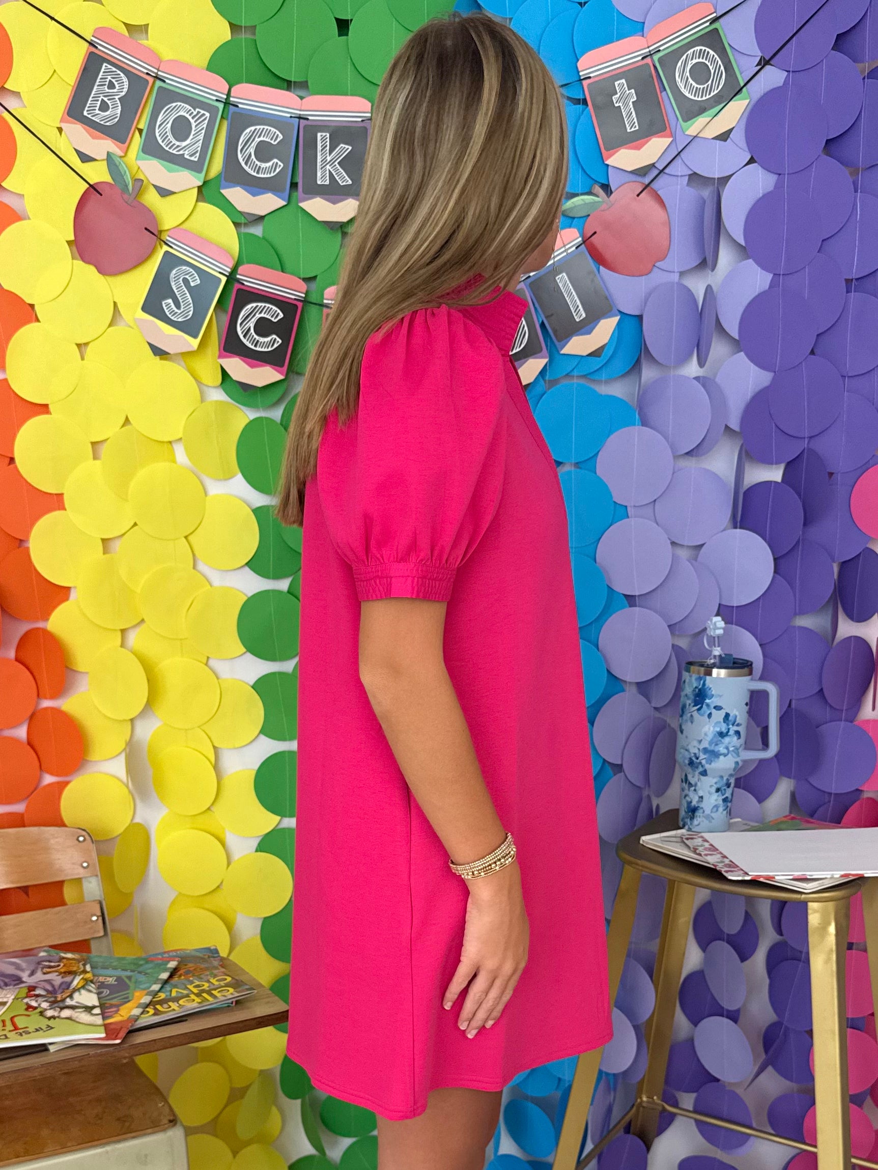 Soft Touch Fuchsia V-Neck Shift Dress-Shop-Womens-Boutique-Clothing