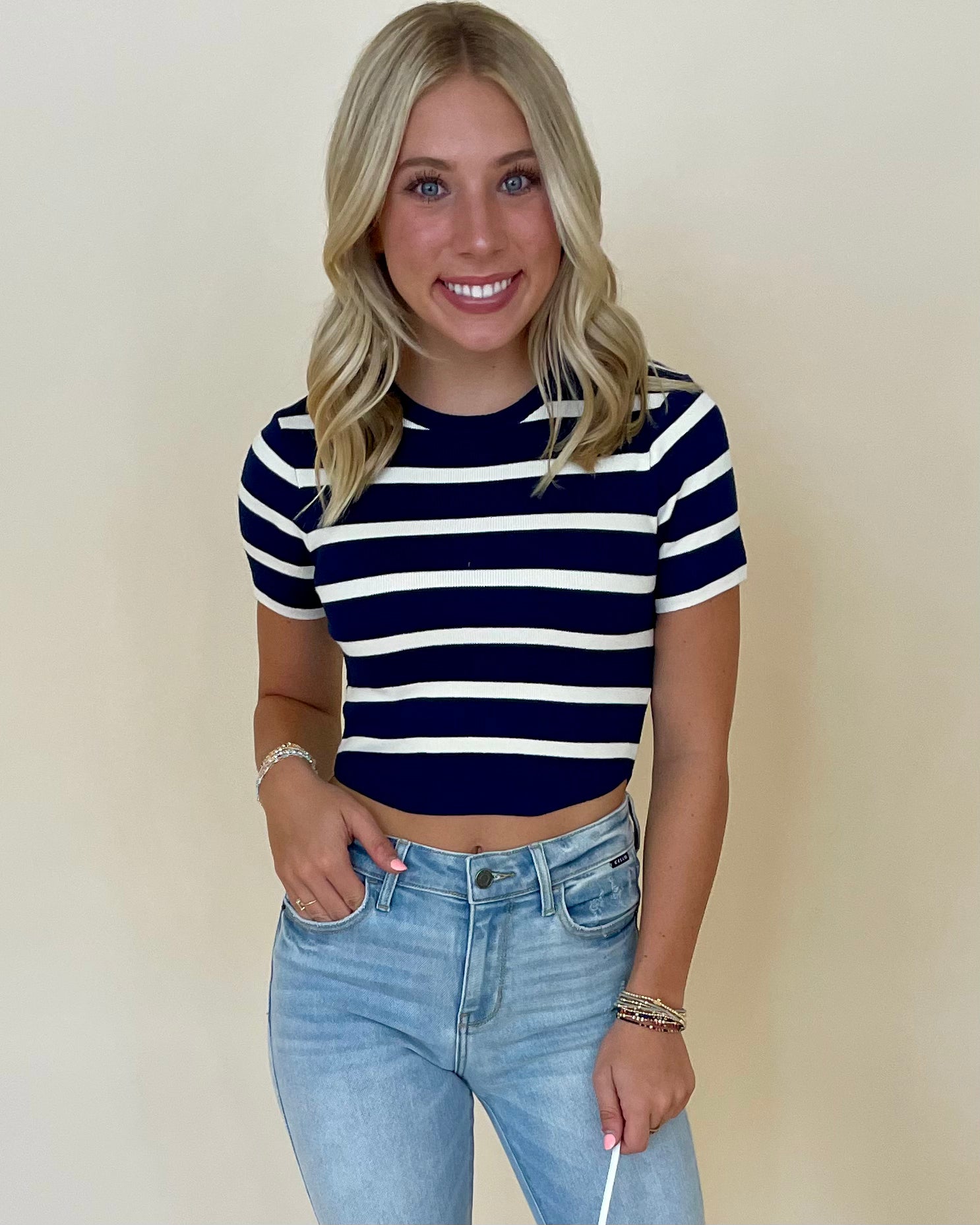 First Pick Navy-Cream Striped Top-Shop-Womens-Boutique-Clothing