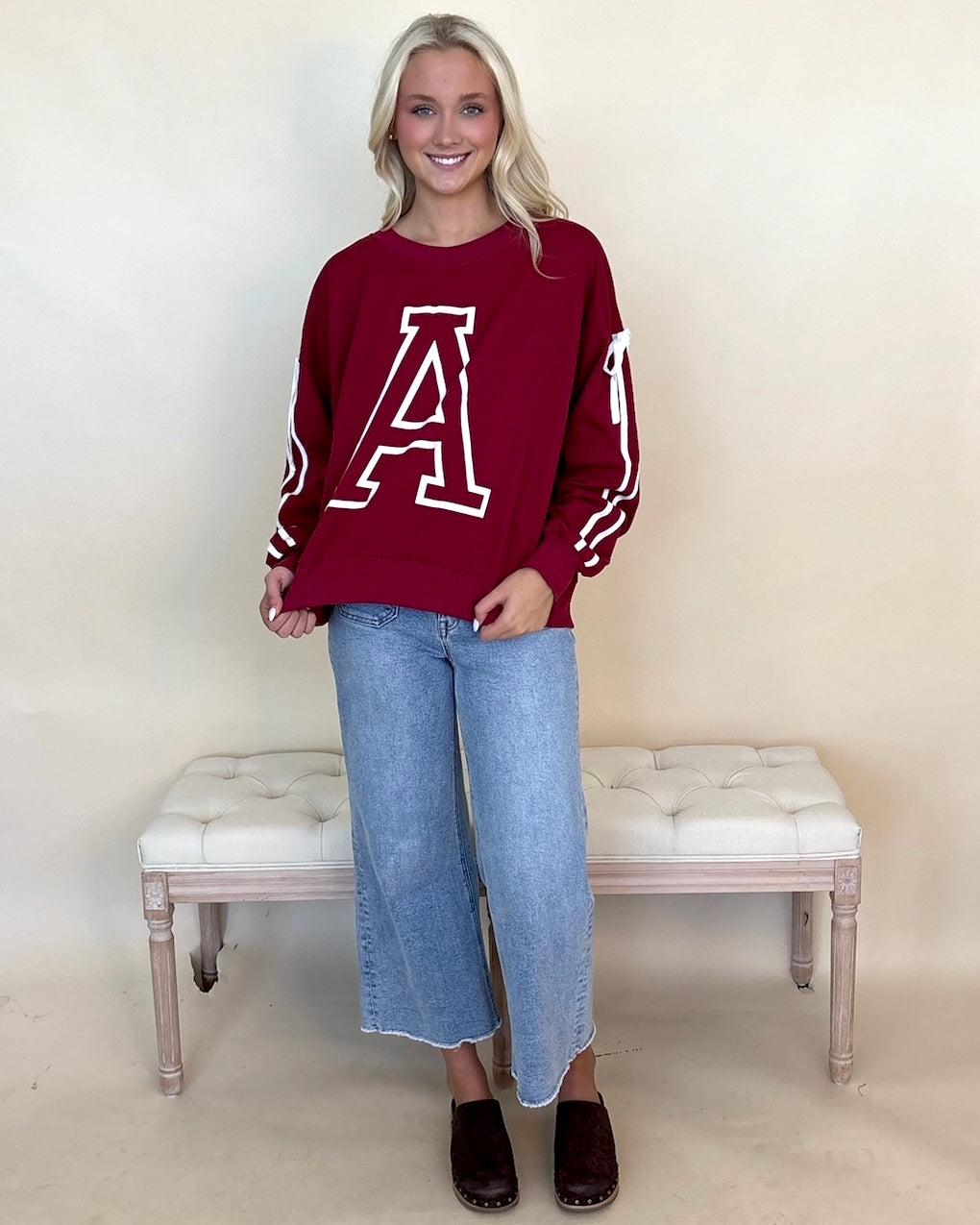 Tailgating Dk Red Varsity ¨A¨ Ribbon Sweatshirt-Shop-Womens-Boutique-Clothing