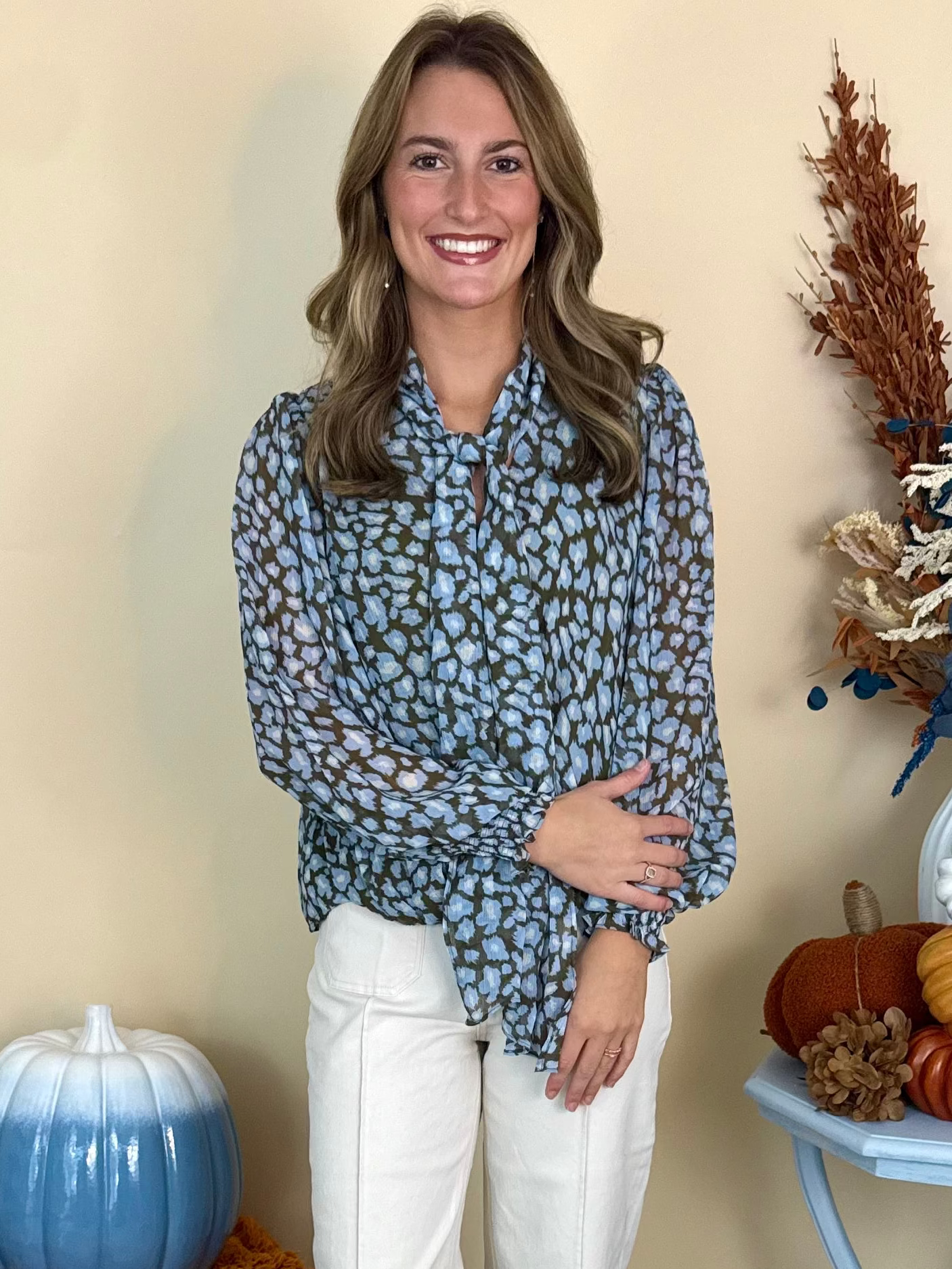 Take Note Blue Combo Leopard Balloon Sleeve Top-Shop-Womens-Boutique-Clothing