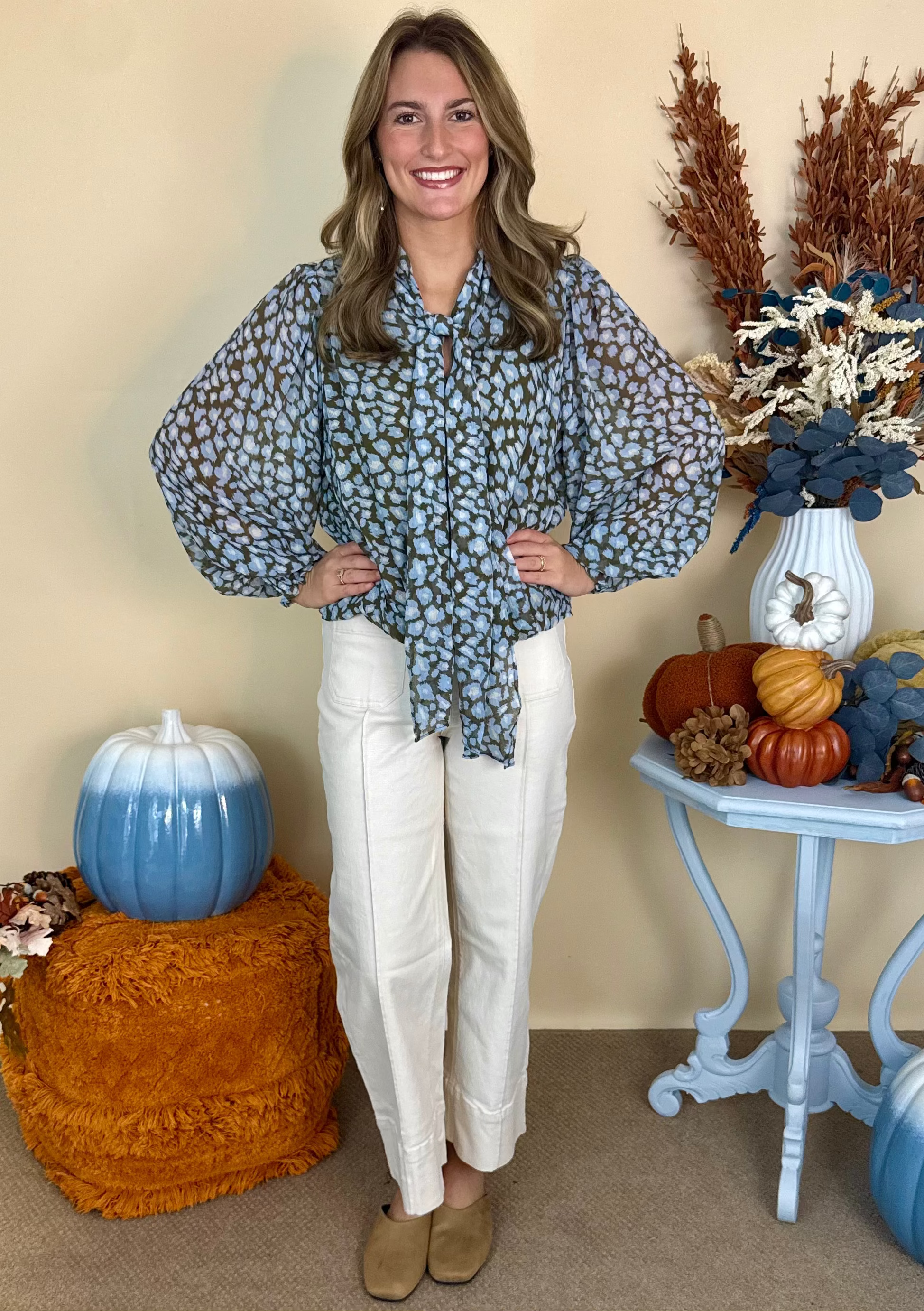 Take Note Blue Combo Leopard Balloon Sleeve Top-Shop-Womens-Boutique-Clothing