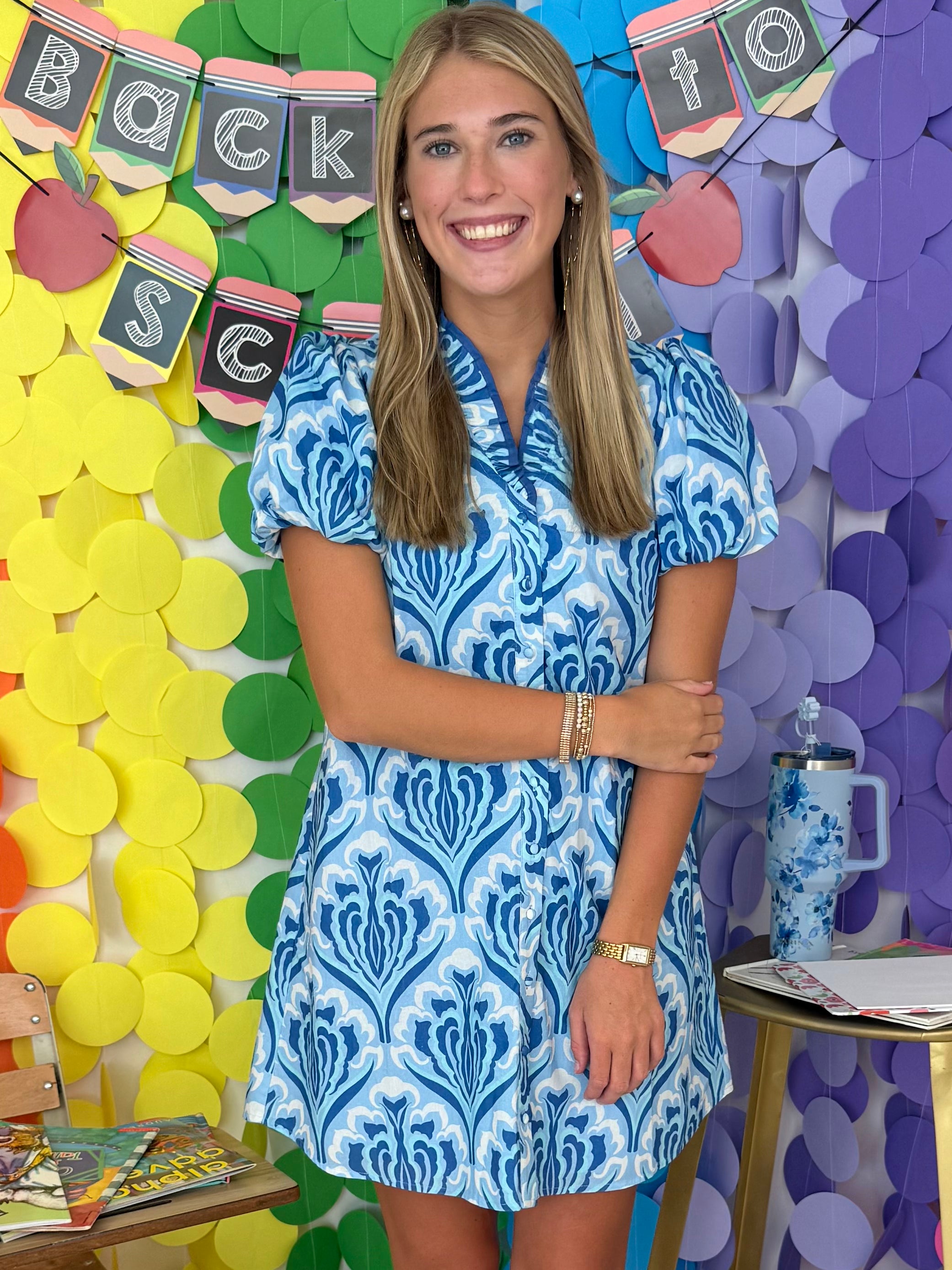 Effortlessly Refined Blue/Navy Ruffle V-Neck Button Down Dress-Shop-Womens-Boutique-Clothing