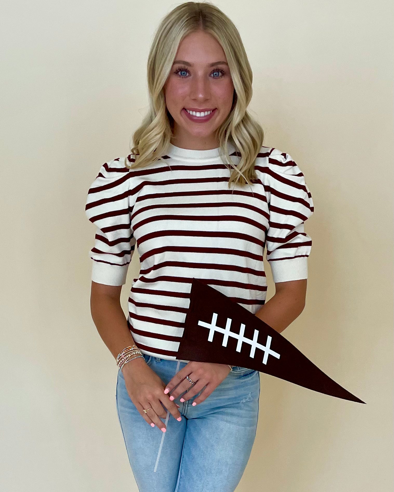 Game Time Cream/Burgundy Puff Sleeve Sweater-Shop-Womens-Boutique-Clothing