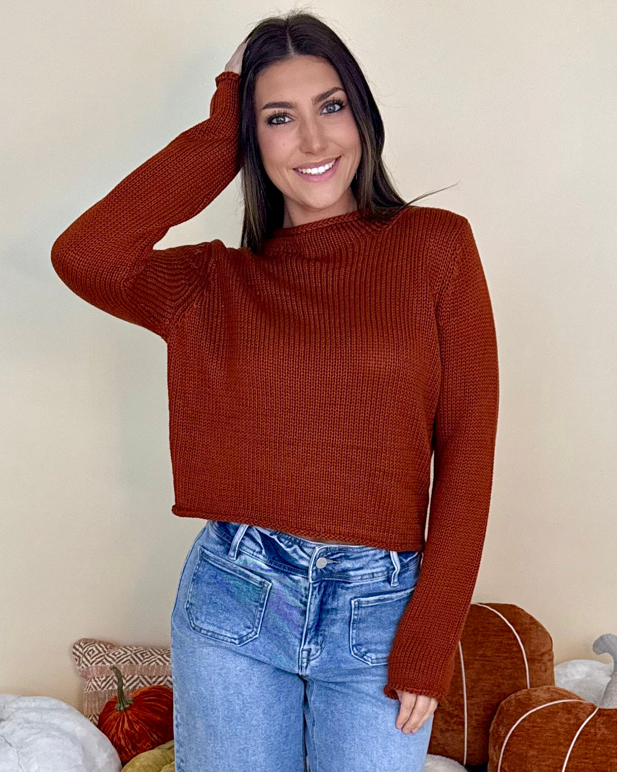 Better Than You Know Rust Rolled Sweater-Shop-Womens-Boutique-Clothing