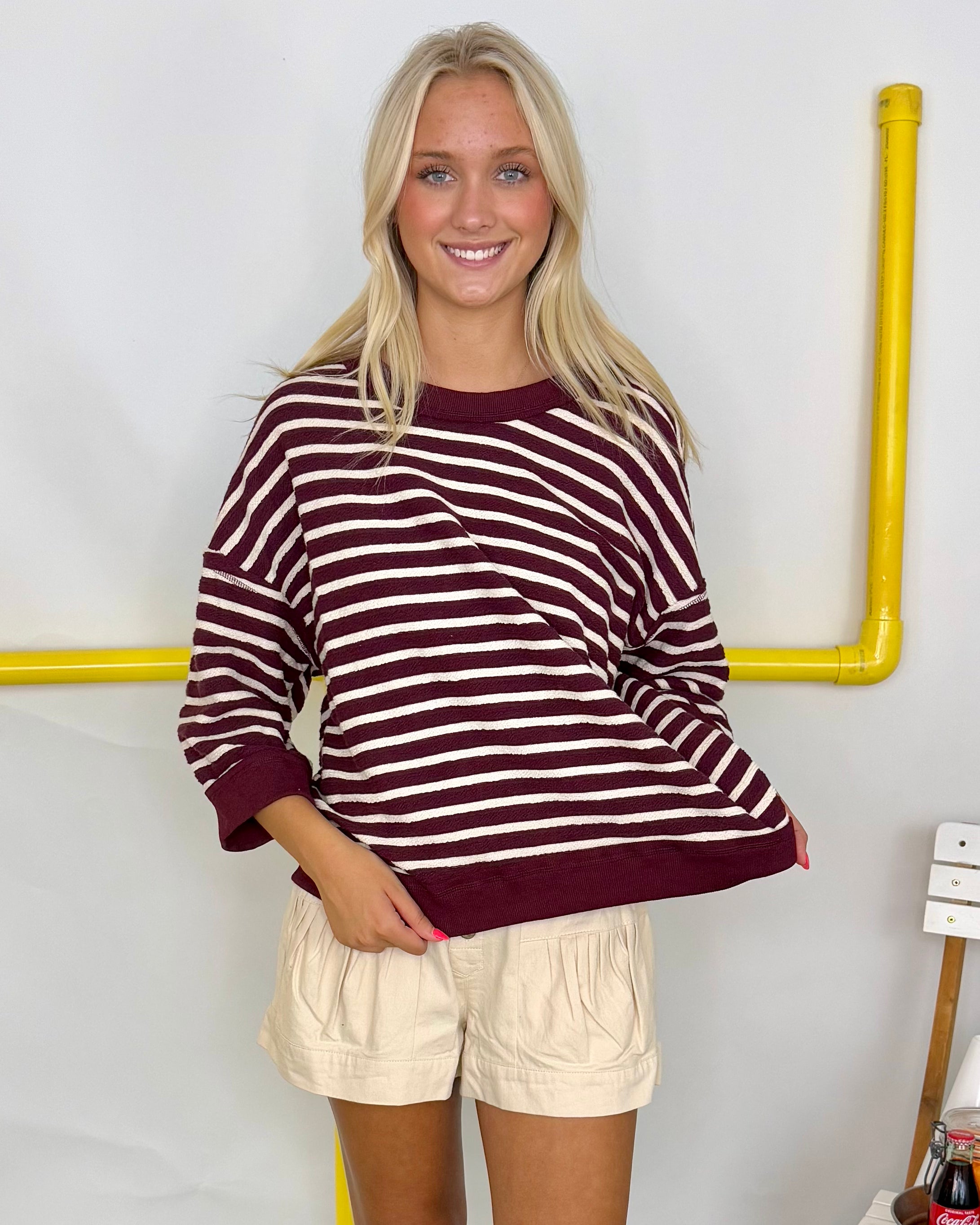Can't Miss Wine Striped Textured Top-Shop-Womens-Boutique-Clothing
