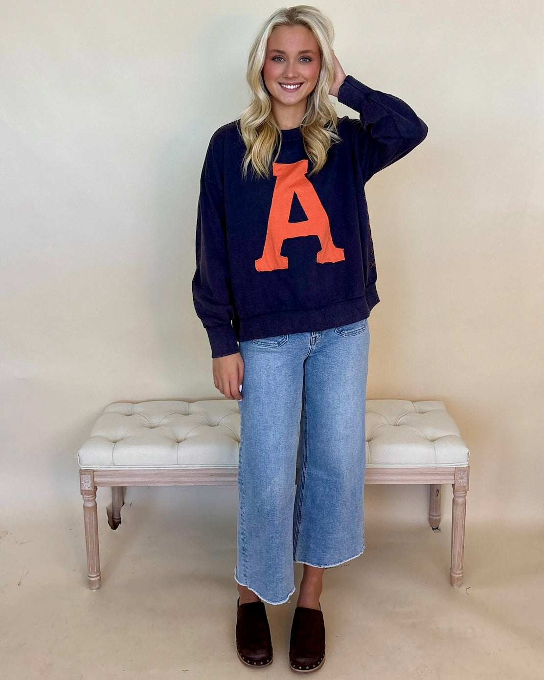 Softly Said Navy Washed "A" Stitch Sweatshirt-Shop-Womens-Boutique-Clothing