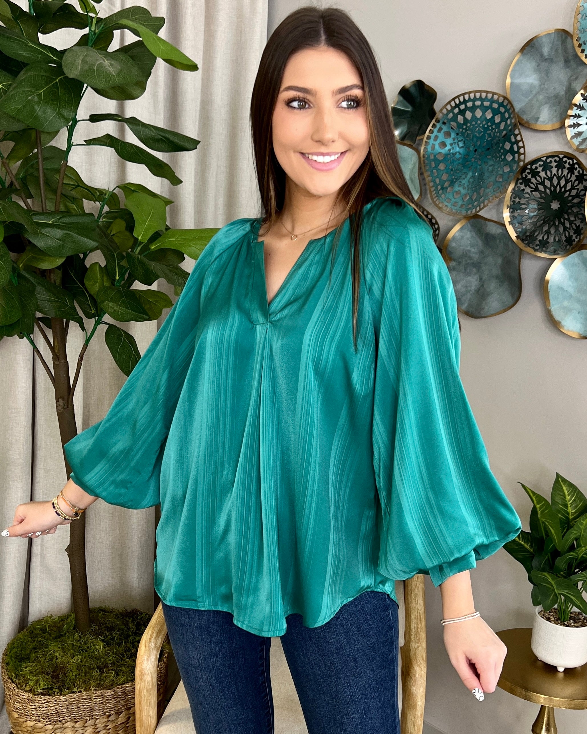 Chilly Wind Teal Green Satin Stripe Top-Shop-Womens-Boutique-Clothing