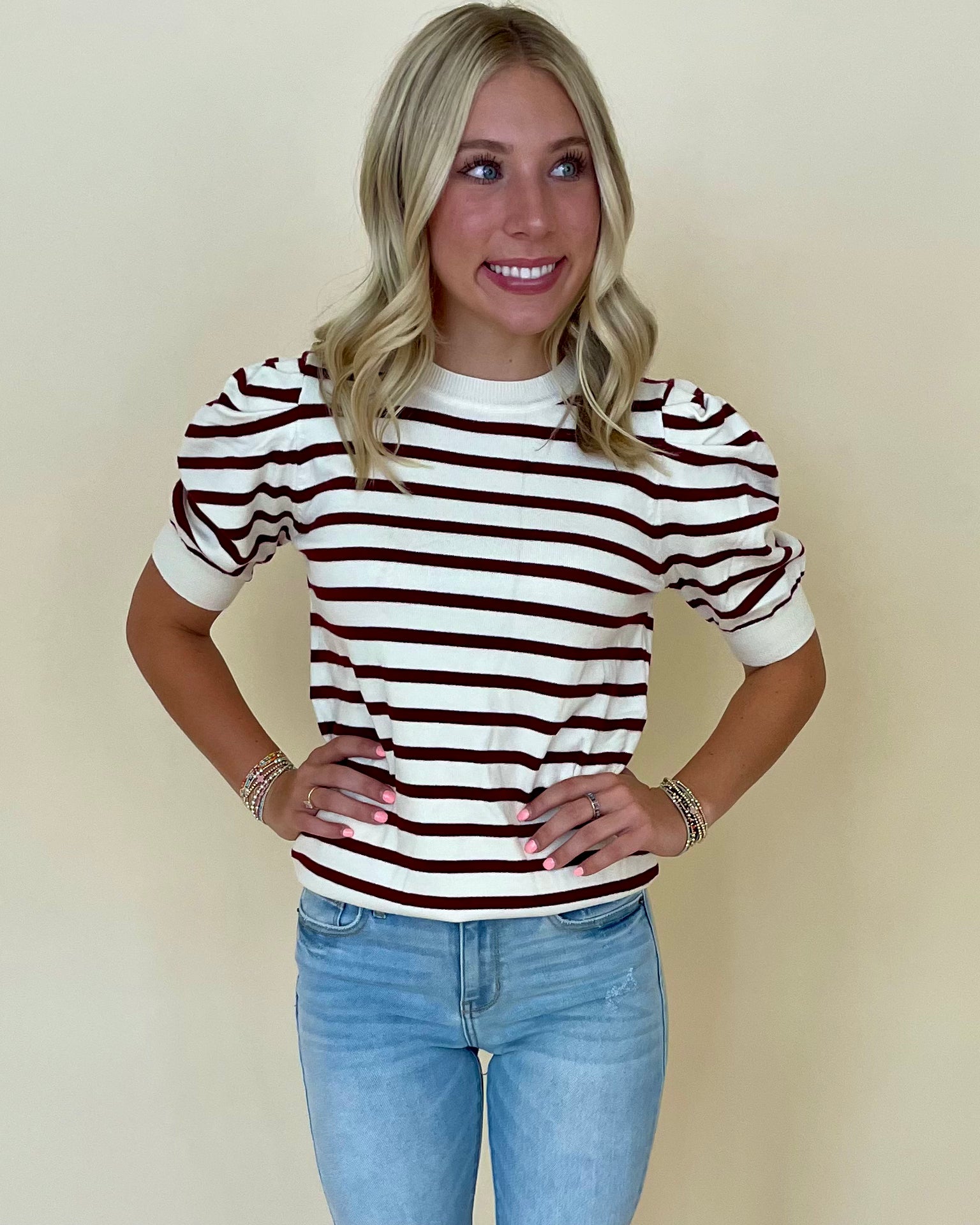 Game Time Cream/Burgundy Puff Sleeve Sweater-Shop-Womens-Boutique-Clothing