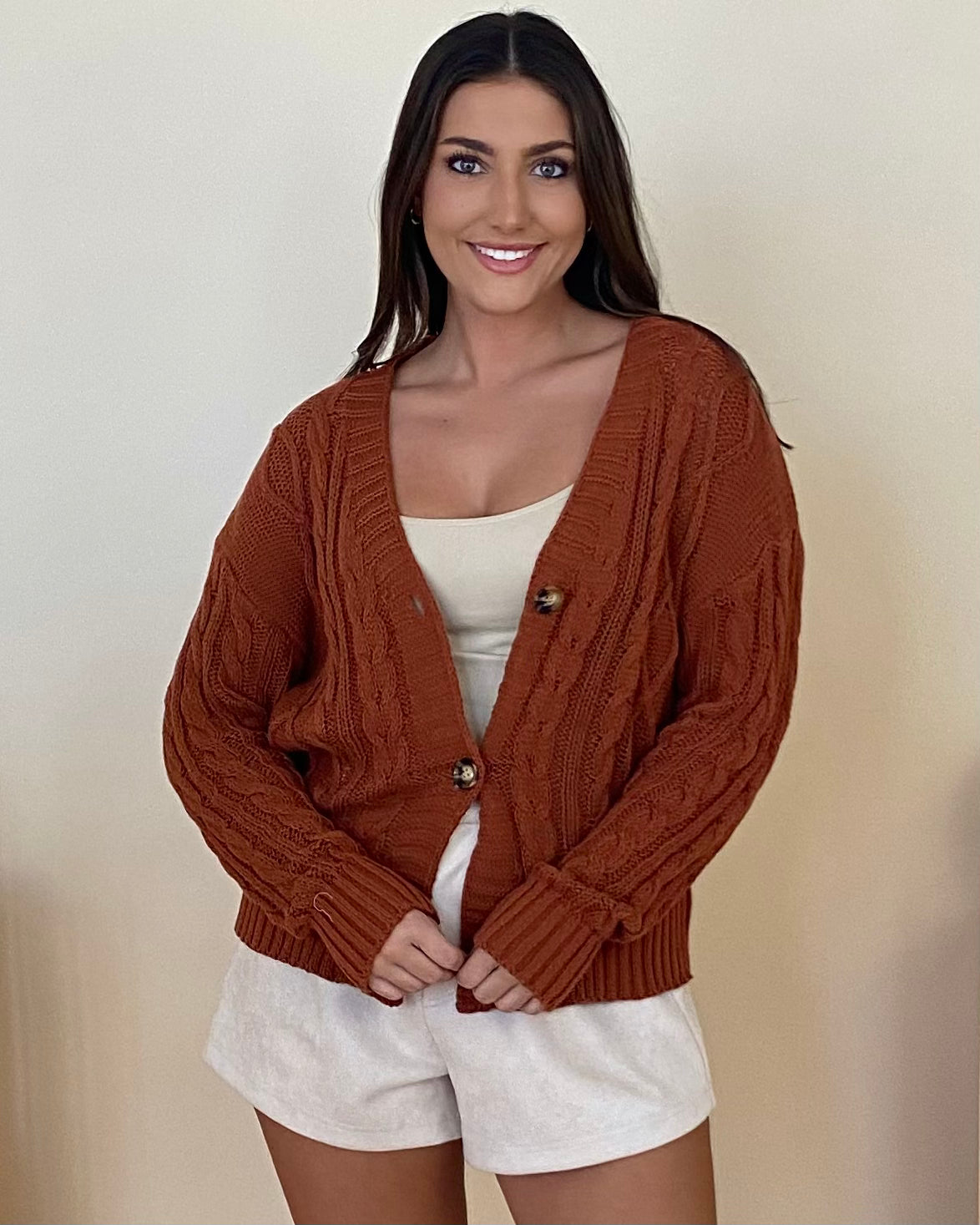 Come Along Camel Cable Knit Button Cardigan-Shop-Womens-Boutique-Clothing