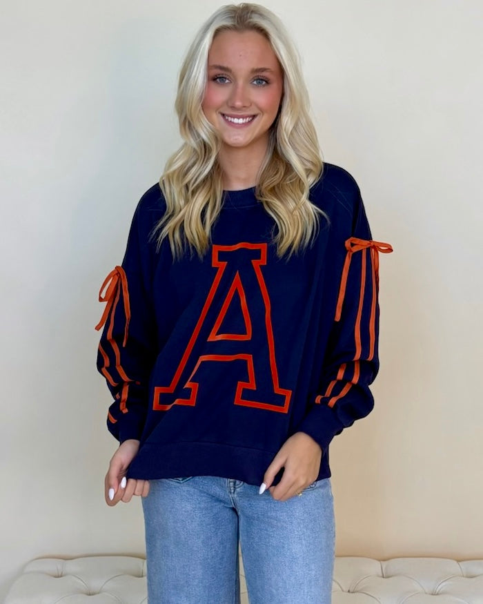 Tailgating Navy Varsity Style ¨A¨ Ribbon Sweatshirt-Shop-Womens-Boutique-Clothing