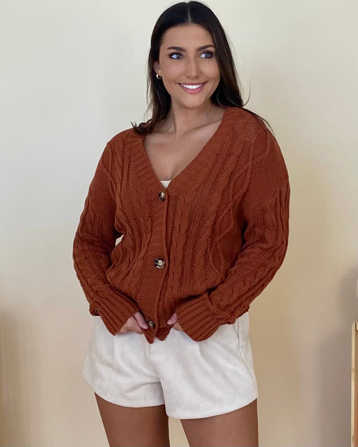 Come Along Camel Cable Knit Button Cardigan-Shop-Womens-Boutique-Clothing