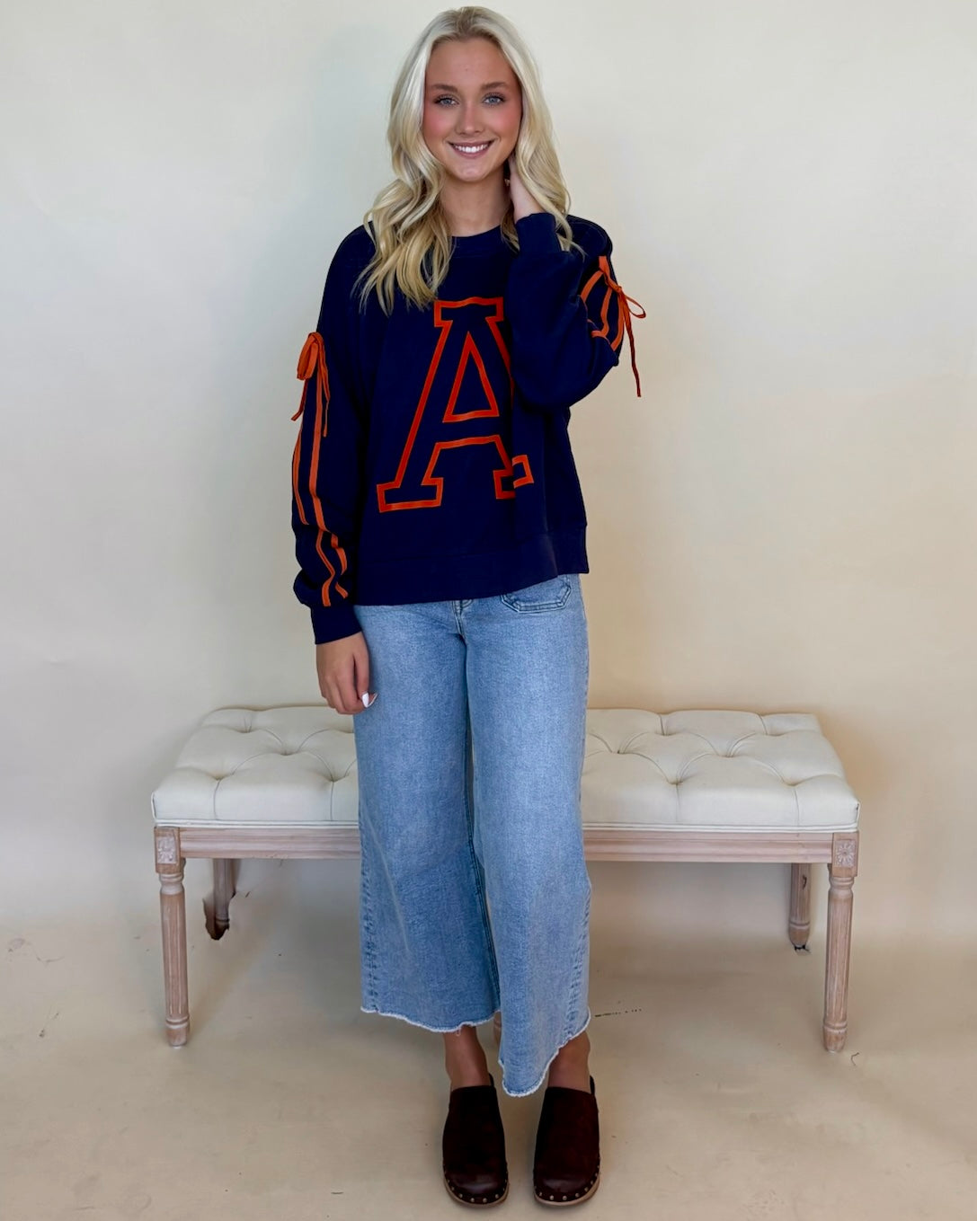 Tailgating Navy Varsity Style ¨A¨ Ribbon Sweatshirt-Shop-Womens-Boutique-Clothing
