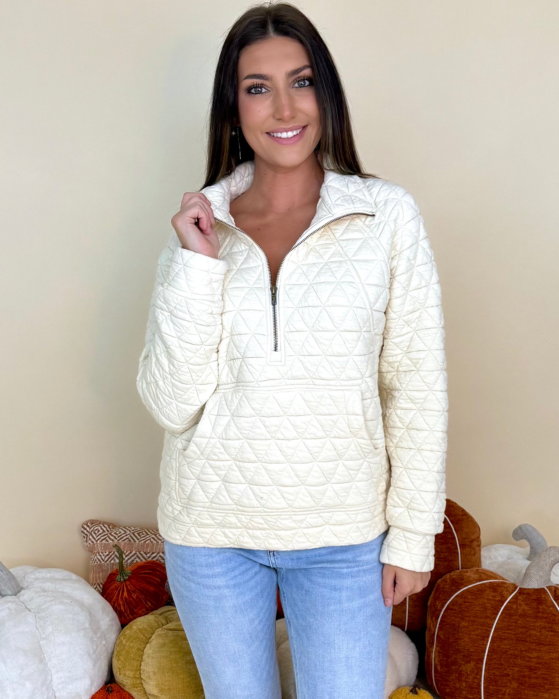 On Another Note Cream Zip Quilted Sweatshirt-Shop-Womens-Boutique-Clothing