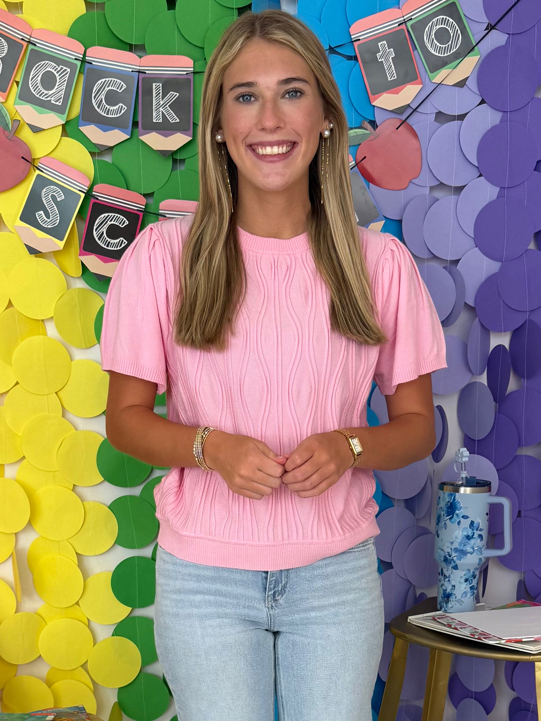 Picnic Date Pink Wave Pattern Sweater-Shop-Womens-Boutique-Clothing